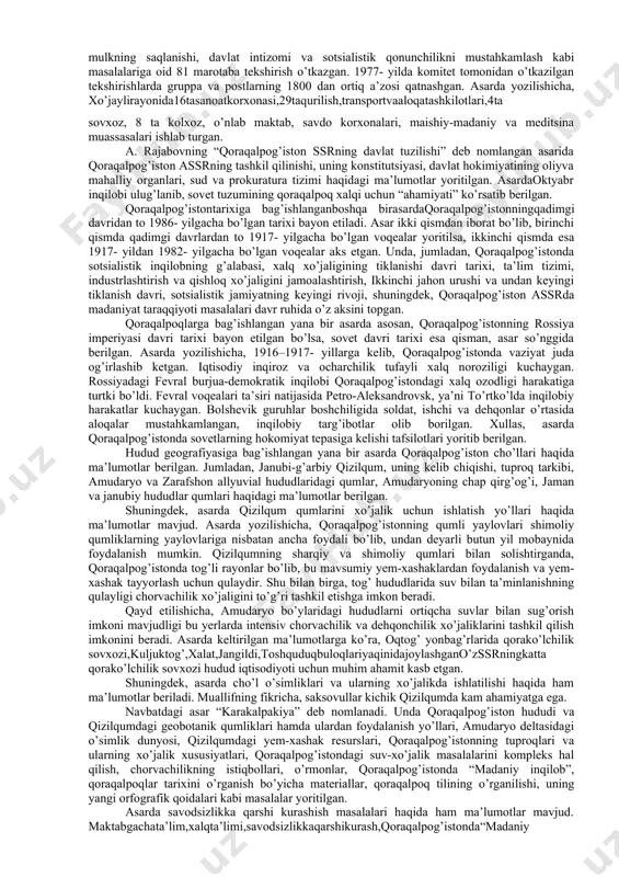 arlik qilish sobiq sssr faning o’zbekiston filiali (o’zfa) va keyinroq, 1943- yil 4- noyabrda uning asosida tashkil etilgan o’zbekiston fanlar akademiyasi zimmasiga tushdi. ushbu akademiyaning birinchi prezidenti etib t. n. qori niyoziy saylandi. ijtimoiy fan vakillari – tarixchi, sharqshunos, adabiyotshunos, tilshunos va iqtisodchilar o’z zimmalaridagi ma’suliyatni anglagan holda, gitlerchi bosqinchilarning vahshiylarcha siyosatini fosh qilish, unga qarshi kurashishga o’z kuch va iqtidorlarini safarbar etdilar. tarixchilar jahon taraqqiyotiga salmoqli hissa qo’shgan xalqimizning tarixini yorituvchi ikki jildli “o’zbekiston xalqlari tarixi” ni yozdilar. urushning og’ir sharoitlarida o’zbek olimlarining ilmiy va amaliy ishlari front, aholi va g’alaba uchun beqiyos ahamiyatga ega bo’ldi, xalqimizning mehnat faoliyatiga kuch-quvvat bag’ishladi. o’zbekistonning urush yillaridagi tarixi sovet davri adabiyotlarida keng yoritildi. o’zbekistonning ikkinchi jahon urushi yillaridagi tarixshunosligi haqida gapirilar ekan, unda ko’proq front ortida xalqimizning ko’rsatgan jasorati ko’proq o’rganilganligini alohida qayd etib o’tish joiz. yurtimiz mustaqillikka erishgandan so’ng ushbu davr mavzusi va uni o’rganish to’xtab qolgani yo’q. ayniqsa, 1995- yilda …