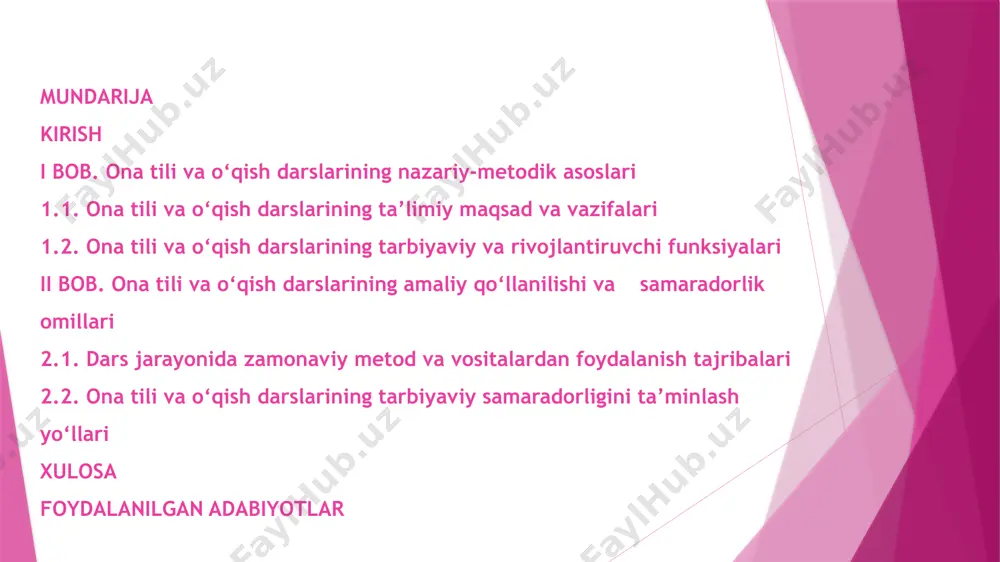 hozirgi davrda nihoyatda muhimdir. kurs ishining maqsadi kurs ishining asosiy maqsadi – boshlang‘ich sinflarda ona tili va o‘qish darslarining ta’limiy va tarbiyaviy ahamiyatini ilmiy-nazariy asosda tahlil qilish, ularning maqsad va vazifalarini aniqlash, o‘quvchilarda nutqiy rivojlanish, axloqiy va estetik tarbiyani shakllantirishdagi o‘rnini ochib berish, shuningdek, zamonaviy pedagogik yondashuvlar asosida dars samaradorligini oshirish yo‘llarini ko‘rsatishdan iborat. mazkur kurs ishining obyekti – boshlang‘ich sinflarda olib boriladigan ona tili va o‘qish darslari hisoblanadi. kurs ishining predmeti – ona tili va o‘qish darslarining maqsad va vazifalari, shuningdek ularning ta’limiy-tarbiyaviy ahamiyatidir. kurs ishining vazifalari ona tili va o‘qish darslarining nazariy asoslarini o‘rganish. darslarning ta’limiy va tarbiyaviy imkoniyatlarini tahlil qilish. ilg‘or pedagogik tajriba va yondashuvlarni o‘rganish. boshlang‘ich sinf o‘quvchilarining nutqiy va axloqiy rivojida ushbu darslarning o‘rnini aniqlash. zamonaviy pedagogik texnologiyalar asosida dars samaradorligini oshirishga oid takliflar ishlab chiqish. amaliy misollar va tavsiyalar asosida o‘quvchi kompetensiyalarini shakllantirishda darslarning ta’sirini yoritish. kurs ishida qo‘llanilgan metodlar tavsifi kurs ishini yozishda …