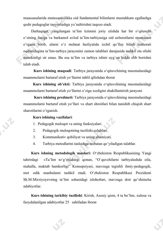 zuga tegishli ilmiy-pedagogik, met odik manbalarni tashkil etadi. o’zbekiston respublikasi prezidenti sh.m.mirziyoyevning ta’lim sohasidagi islohotlari, mavzuga doir qo’shimcha adabiyotlar. kurs ishining tarkibiy tuzilishi: kirish, asosiy qism, 4 ta bo’lim, xulosa va faoydalanilgan adabiyotlar 25 sahifadan iborat 1.pedagogik muloqot va uning funksiyalari. muloqot –ta’lim oluvchi psixologik va ijtimoiy rivojining muhim omillaridan biri bo‘lib, birgalikdagi faoliyatda umumiy natijalarga erishish, shaxslararo munosabatlarni yo‘lga qo‘yish va qo‘llab-quvvatlash maqsadida ikki yoki undan ortiq kishilarning o‘zaro harakatii tushuniladi. muloqot motivlari ta’lim oluvchining asosiy ehtiyojlari bilan tig‘iz bog‘langan bo‘lib, ana shu asosdan kelib chiqib, muhim kategoriyalarini ko‘rsatish mumkin: bilish, ishbilarmonlik, shaxsiy. psixologik lug‘atlarda muloqot tushunchasiga ikki xil ta’rif beriladi: 1) muloqot- hamkorlikdagi faoliyat ehtiyoji bilan taqozolangan aloqa o‘rnatish va uni rivojlantirish jarayoni;2)muloqot-belgilar tizimi orqali sub’ektlarning o‘zaro ta’sirlahuvi. psixologiyada muloqotni tahlil qilishda uning turli jihatlariga e’tibor qaratiladi: “kommunikatsiya” (axborot almashuv), “ijtimoiy pertsepsiya” (insonni insonni idrok etishi va tushunishi), “interaksiya” (birgalikdagi harakati). amaliy muloqot mazkur tarkibiy qismlarning yig‘indisi sifatida …
