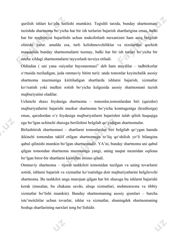 r. 2. shartnomani qanday “ishonchli” qilish mumkin? shubhasiz, har bir bitim tuzayotgan tomon shartnomani o‘zi uchun ishonchli va foydali qilishga harakat qiladi. shunga muvofiq, shartnomani quyidagi hollarda “ishonchli” deyish mumkin: bu birinchi navbatda sizning manfaatlaringizni ko‘zlab tuzilgan shartnoma. unda sizning manfaatlaringiz yuridik jihatdan ishonchli himoyalangan. shartnomani tuzishda to‘rtta asosiy qoidaga rioya qilish kerak.ular bizning fikrimizcha, o‘z ishini boshlayotgan tadbirkorlar bilan bir qatorda, faoliyat olib borayotgan tadbirkorlar uchun ham foydalidir. 1-qoida. agarda siz shartnoma imzolamoqchi ekansiz, uning tarkibiy qismlaridan tashqari bitimning asosiy mohiyatini oxirigacha tushunib olmas ekansiz, muvaffaqiyatga erishingizda sizga hech kim va hech qachon yordam bermaydi. shu sababli harakatlarning butun zanjiri va bitimning barcha alohida bosqichlarini o‘ylab chiqish, siz ularning qanday amalga oshirishingizni tushunish va tasavvur qilishga harakat qilishingiz kerak. shundagina siz o‘z tijorat loyihangizni amalga oshirish jarayonida vaziyatni nazorat qilishingiz mumkin. 2-qoida. albatta. bu shartnomani siz shaxsan tayyorlashingiz kerak, degani emas. negaki bu bilan mutaxassislar shug‘ullanishi kerak, lekin baribir …