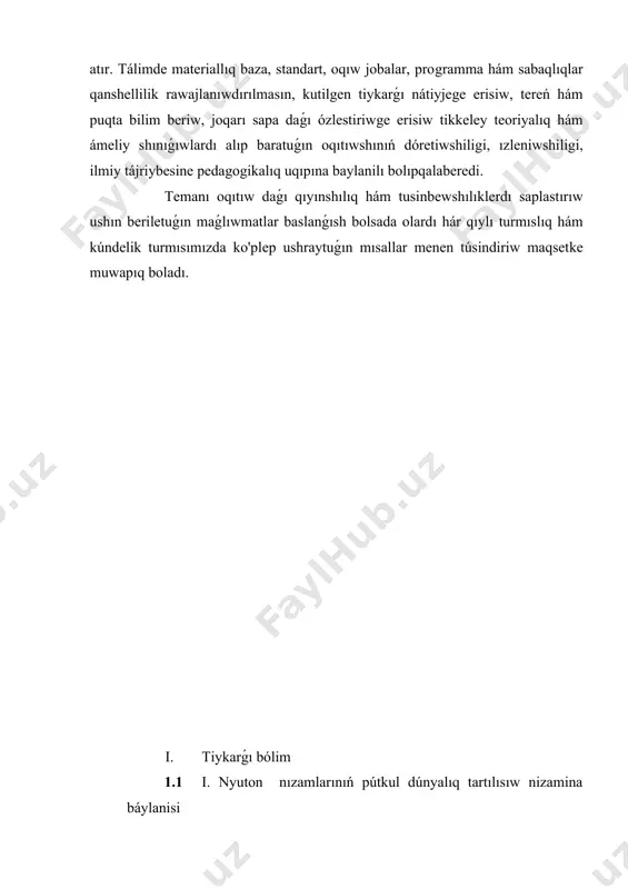 únyalıq tartılıs nızamı dep ataydı. bul nızam tómendegishe táriyiplenedi: eki deneniń óz ara tartısıw kúshi olardıń massalarınıń kóbeymesine tuwrı proporcional hám olar arasındaǵı aralıqtıń kvadratına keriproporcional. eger óz ara tásirlesiwshi denelerdiń massaları m1 = m2 = 1 kg hámolardıń arasındaǵı aralıq r = 1 m bolsa, (4)-formuladaǵı f kúshtiń sanmánisi g ǵa teń: pútkil dúnyalıq tartılıs nızamı tásirlesip atırǵan denelerdiń ólshemleri olar arasındaǵı aralıqtan júdá kishi bolǵan jaǵdaylarda, yaǵnıy zatlıq noqatlarushın anıq orınlanadı. shar formasındaǵı deneler ushın olar arasındaǵıaralıqtı sharlardıń orayınan ólshense, deneler arasındaǵı hárqanday aralıqtada (4)-formula orınlı ekenligi belgili boldı. sonıń ushın denelerdiń jergetartısıwın esaplawda aralıqtı jerdiń orayınan baslap alıw kerek. jerdińradiusı 6 400 km bolǵanlıǵı ushın dene jerden birneshe onlaǵan kilometrgekóterilgeninde de jer menen tartısıw kúshiniń shamasınıń ózgeriwi derliksezilmeydi. átirapımızdaǵı barlıq deneler – mashina, adam, stol, stul, shkaf,hátteki, úyler de bir-birine tartısıp turadı. bul kúshlerdiń shaması júdá kishibolǵanlıqtan,olarsezilmeydi. biraq, jer menen aydıń tartısıwınıń nátiyjesindeay táreptegi teńiz hám okean …