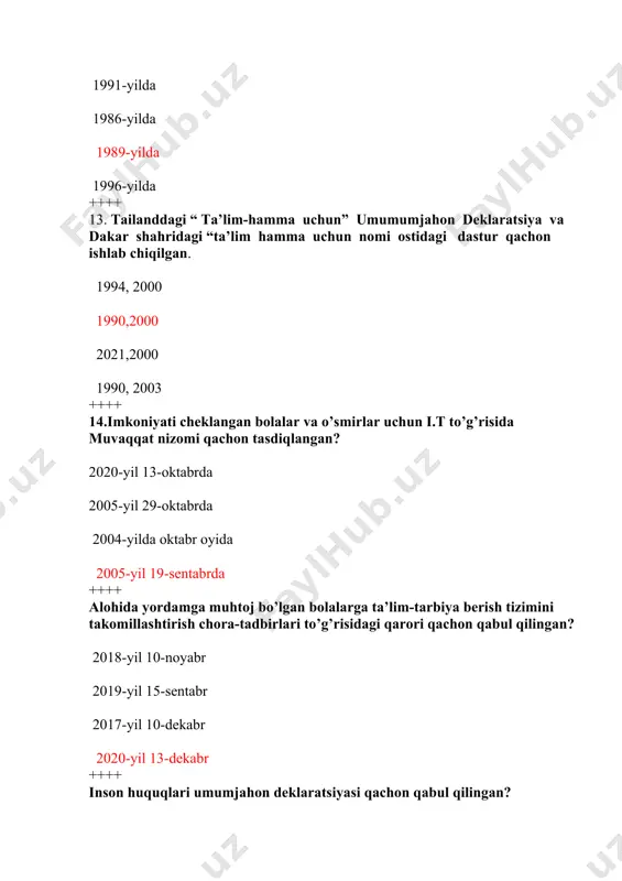 gan bolalarni so’lom bolalar o’quv dasturi asosida o’qitilishi imkoniyati cheklangan bolalarni maxsus muassasalarda ta’lim olishlari ++++ inklyuziv ta’lim ishtirokchilari kimlar? surdopedagog va ota- onalar ota-ona, mahalla, pedagoglar, normal va alohida ehtiyojli bolalar, defektologlar, x.t.v, s.s.v ota-onalar, o’qituvchilar, psixolog, surdopedagog, logoped va resurs o’qituvchilar metodist va imkoniyati cheklangan bolalar ++++ ,,aqliy va jismoniy nuqsoni bo’lgan o’quvchilarni maxsus ta’lim muassasasidan boshqasiga yoki inklyuziv sharoitlarda ta’lim olish uchun umumta’lim mussasasiga o’tkazish to’g’risida’’gi nizom qachon qabul qilingan? 2020-yil 3-oktabrda 2015-yil 17-iyunda 2019-yil 20- yanvarda 2020-yil 19-sentyabrda ++++ ,,ta’lim to’g’risida’’gi qonunning qaysi moddasi aynan inkluziv ta’limga bag’ishlanadi? 41- modda 20 modda 50 modda 7 modda ++++ imkoniyati cheklangan har bir bolaning inklyuziv ta’lim olishiga bo’lgan huquqini ta’minlashga qaratilgan chora-tadbirlarni belgilash vazifasi keltirilgan muhim hujjatni belgilang. oily ta’lim tizimini yanada rivojlantirish chora-tadbirlari to’g’risidagi qarori xalq ta’limini 2030-yilgacha rivojlantirish konsepsiyasi maktabgacha ta’lim tizimini boshqarishni takomillashtirish chora-tadbirlari imkoniyati cheklangan bolalarga moddiy yordam ko’rsatish ++++ integratsiya so’zi qanday ma’noni …
