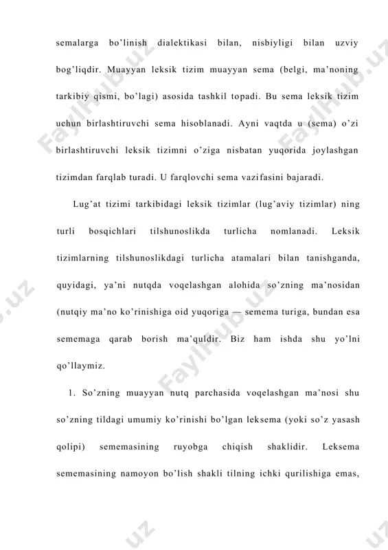 -xil, turli-tuman bo’lishiga qaramay, sistem leksikologiyada ushbu bandning ii—v va qisman, vi bandlarida sanab o’tilgan leksik tizimlarning tadqiqiga alohida e’tibor beriladi. chunki qolgan tizimlarda ii—v turlarda ko’riladigan umumiy qonuniyat vaqoidalar asosan takrorlanadi. biz ham ushbu ishning keyingi bandlarida shu xildagi leksik tizimlarning tahlil usullariga to’xtab o’tamiz. adabiyotlar: 1. usmonov s. umumiy tilshunoslik. toshkent, 1972. 2. ne’matov h. qayta qurish strategiyasi va o’zbek sinxronik tilshunosligining vazifalari. o’ta, 1987, № 3. 3. sossyur de f. kurs obщey lingvistiki. trudы po yazыkoznaniyu. m., 1977. 4. brendal v. strukturnaya lingvistika. v. a. zveginsev. istoriya yazыkoznaniya xix i xx vv. v ocherkax i izvlecheniyax. m., 1960. 5. hozirgi zamon o’zbek tili. f. kamol tahriri ostida. toshkent, 1957. 6. www.ziyonet.uz 7. www.nur.uz
