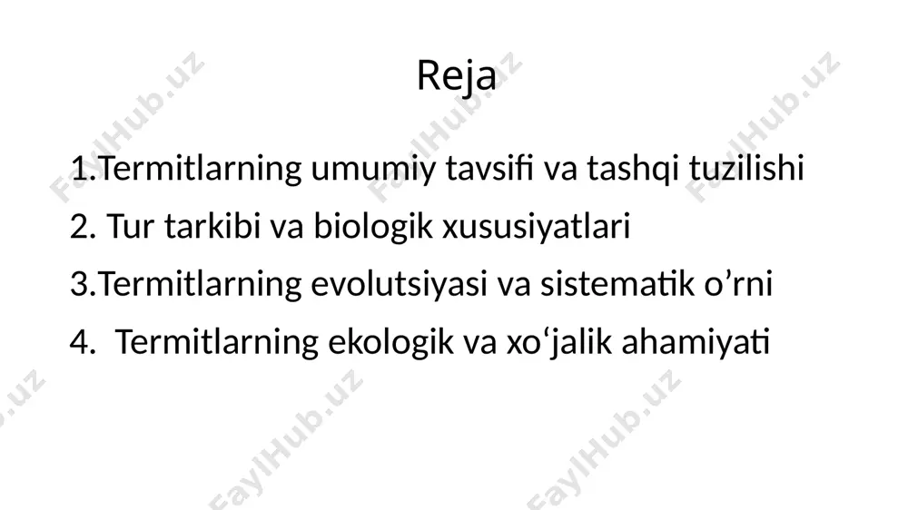 a jag‘lar yirik bo‘lib, himoya funksiyasini bajaradi. qanotli termitlarda harakatlanish uchun 2 juft qanot bo‘ladi. ular o‘ziga xos ravishda bir xil uzunlikda bo‘lib, tinch holatda orqaga bukilgan holda joylashadi. termitlar issiq iqlimli hududlarda, ayniqsa tropik va subtropik mintaqalarda keng tarqalgan. eng koʻp uchraydigan hududlar: janubiy amerika, afrika, janubi-sharqiy osiyo, avstraliya. sovuq iqlimda esa kam uchraydi. ular yer ostida, chirigan yogʻochlarda, daraxt poʻstida, devorlar orasida, termit uylarida (termitoriyalarda) yoki yertoʻlalarda yashaydi. ishchi va askarlarda qanotlar yo‘q. ishchi va askar termitlar odatda bir necha oy yoki yil yashaydi. podsha termit esa 10–20 yilgacha yashashi mumkin, va u umr bo‘yi tuxum qo‘yishda davom etadi. ularning oshqozonida sellyulozani parchalaydigan simbiotik mikroorganizmlar (bakteriyalar, protozoalar) yashaydi. ba’zi termitlar, xususan afrikada, zamburug‘ yetishtiradi (masalan, termitomyces), bu zamburug‘lar sellyulozani oshqozonda hazm qilishga yordam beradi. termitlarning sellyulozani hazm qilish qobiliyati tuproq sifatini yaxshilashga, o‘simlik moddalari aylanishiga katta hissa qo‘shadi. ko‘payuvchi termitlar qanotli bo‘lib, bahor yoki yozda yig‘ilib, nuftual parvozga …