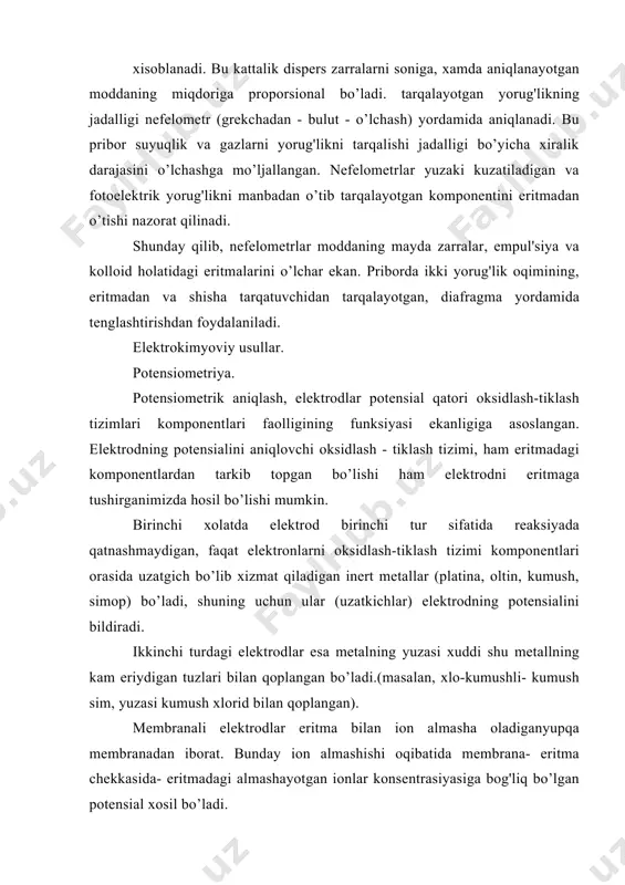 oqibatida membrana- eritma chekkasida- eritmadagi almashayotgan ionlar konsentrasiyasiga bog'liq bo’lgan potensial xosil bo’ladi. polyarografiya. polyarografik tahlil, aniqlanayotgan moddani ishchi elektrod yuzasida oksidlanishi yoki tiklanishi hosil bo’ladigan tok kuchini o’lchashga asoslangan. polyarografik tahlil o’tkazish uchun, birining yuzasi ikkinchisidanancha katta ikki elektroddan iborat zanjir tuziladi va bu tizimga tashqi tok manbaidan potensiallar farqi beriladi. qo’yilgan potensiallar farqini o’zgartirib, zanjirdan o’tayotgan tok kuchini qo’yilgan potensiallar farqiga bog'liqligini aniqlab, shunga mos polyarografik egri chiziq chiziladi. av qismda - qoldiq tok, elektrodning eritmada joylashgan qismida ikki qavat elektr qatlami hosil bo’lishidan aniqlangan. vs qismda elektrodning potensiali ortgan sari razryadlangan ionlar soni yanada ortadi, elektrodga yaqin qatlamdagi ionlar konsentrasiya esa, eritmadagi konsentrasiyaga nisbatan kamayadi. shunday vaqt keladiki, diffuziya tufayli elektrodga tushayotgan ionlar sekin-asta razryadlanadi va elektrod yaqinidagi ionlar konsentrasiyasi o ga yaqinlashadi. s (.)ga to’g'ri kelgan tok chegaraviy diffuzion tok deb ataladi - 1d. kuchlanishni yana ortishidan suv elektrolizm hosil bo’ladi (de). polyarlashgan egri chiziqlar analitik …
