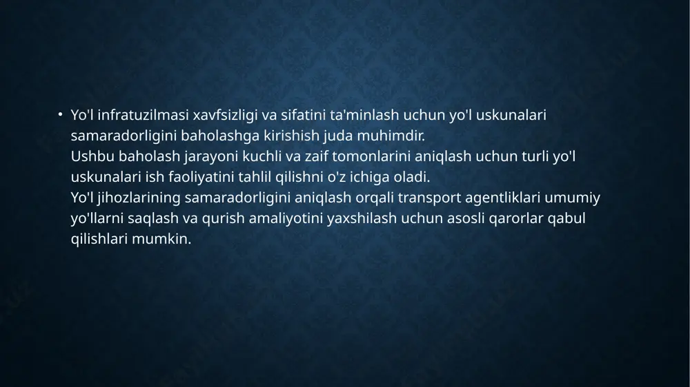 imkonini beradi, texnik xizmat ko'rsatish va yangilash bo'yicha qarorlarni qabul qiladi. yo'l uskunalari samaradorligini baholash xavfsiz va ishonchli infratuzilmani saqlash uchun juda muhimdir. texnologik taraqqiyot uskunalarimiz samaradorligini baholashda inqilob qildi. ilg'or asboblar va sensorlardan foydalanish orqali biz endi real vaqt rejimida uskunaning ishlashi haqida ma'lumot to'plashimiz va samaradorlikni optimallashtirish uchun asosli qarorlar qabul qilishimiz mumkin. ma'lumotlarga asoslangan ushbu yondashuv bizga yuzaga kelishi mumkin bo'lgan muammolarni erta aniqlash va operatsion samaradorlikni oshirish imkonini beradi. umuman olganda, yo'l uskunalarini baholashda ilg'or texnologiyalarning integratsiyasi texnik xizmat ko'rsatish va ekspluatatsiya qilish samaradorligi va samaradorligini sezilarli darajada oshirdi, natijada xavfsizroq va ishonchli yo'l tarmoqlariga olib keldi. 2-mavzu avtomobil yo'llarini muhandislik jihozlashni samaradorligini baholash reja: avtomobil yo‘llarini muhandislik jihozlash tushunchasi va uning ahamiyati muhandislik jihozlarining turlari va ularning samaradorligi yo‘llarni muhandislik jihozlash samaradorligini oshirish choralari avtomobil yo‘llarini muhandislik jihozlashning samaradorligini baholash muhandislik jihozlash yo‘l harakati xavfsizligini ta’minlash, transport oqimini samarali tashkil qilish va avariyalar sonini kamaytirish …