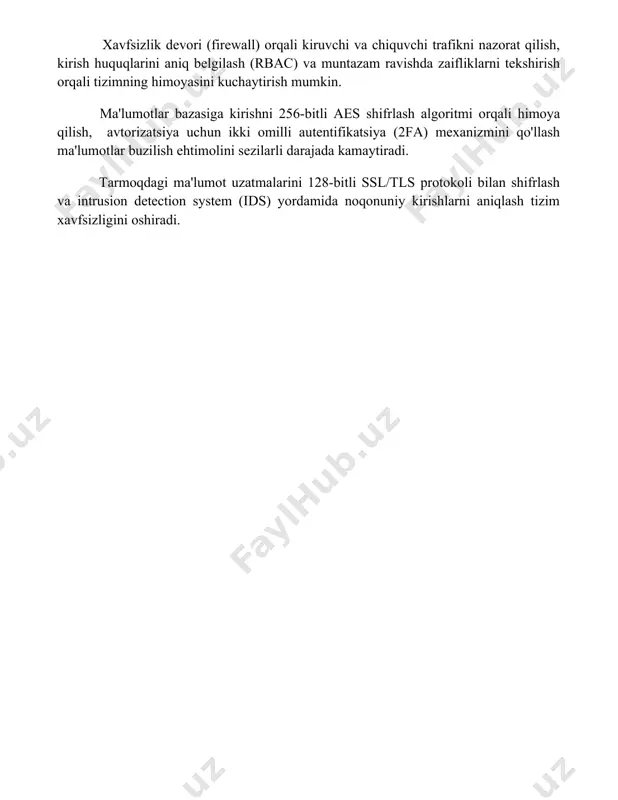 kuchaytirish mumkin. ma'lumotlar bazasiga kirishni 256-bitli aes shifrlash algoritmi orqali himoya qilish, avtorizatsiya uchun ikki omilli autentifikatsiya (2fa) mexanizmini qo'llash ma'lumotlar buzilish ehtimolini sezilarli darajada kamaytiradi. tarmoqdagi ma'lumot uzatmalarini 128-bitli ssl/tls protokoli bilan shifrlash va intrusion detection system (ids) yordamida noqonuniy kirishlarni aniqlash tizim xavfsizligini oshiradi. 📌xulosa объектга йўналтирилган ёндашув микрокернелли модем ва клиент-сервер архитектураларини самаралироқ ва мослашувчанроқ қилиш имконини беради, бу эса тизимнинг ишончлилиги ва масштабталаблилигини оширади. 📚foydalanilgan adabiyotlar 1. klient-server va mikroyadro modem. ob'ektga yo'naltirilgan yondashuv. 2. mijoz-server va mikroyadro modem. ob'ektga yo'naltirilgan yondashuv. 3. klient-server arxitekturasi va mikroyadroli modem. ob'ektga yo'naltirilgan dasturlash. 4. mijoz-server va mikroyadroli modem loyihalashda ob'ektga yo'naltirilgan printsiplar. 5