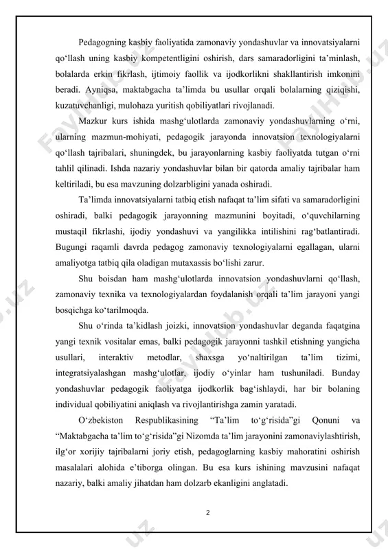 a zamonaviy yondashuvlarning o‘rni, ularning mazmun-mohiyati, pedagogik jarayonda innovatsion texnologiyalarni qo‘llash tajribalari, shuningdek, bu jarayonlarning kasbiy faoliyatda tutgan o‘rni tahlil qilinadi. ishda nazariy yondashuvlar bilan bir qatorda amaliy tajribalar ham keltiriladi, bu esa mavzuning dolzarbligini yanada oshiradi. ta’limda innovatsiyalarni tatbiq etish nafaqat ta’lim sifati va samaradorligini oshiradi, balki pedagogik jarayonning mazmunini boyitadi, o‘quvchilarning mustaqil fikrlashi, ijodiy yondashuvi va yangilikka intilishini rag‘batlantiradi. bugungi raqamli davrda pedagog zamonaviy texnologiyalarni egallagan, ularni amaliyotga tatbiq qila oladigan mutaxassis bo‘lishi zarur. shu boisdan ham mashg‘ulotlarda innovatsion yondashuvlarni qo‘llash, zamonaviy texnika va texnologiyalardan foydalanish orqali ta’lim jarayoni yangi bosqichga ko‘tarilmoqda. shu o‘rinda ta’kidlash joizki, innovatsion yondashuvlar deganda faqatgina yangi texnik vositalar emas, balki pedagogik jarayonni tashkil etishning yangicha usullari, interaktiv metodlar, shaxsga yo‘naltirilgan ta’lim tizimi, integratsiyalashgan mashg‘ulotlar, ijodiy o‘yinlar ham tushuniladi. bunday yondashuvlar pedagogik faoliyatga ijodkorlik bag‘ishlaydi, har bir bolaning individual qobiliyatini aniqlash va rivojlantirishga zamin yaratadi. o‘zbekiston respublikasining “ta’lim to‘g‘risida”gi qonuni va “maktabgacha ta’lim to‘g‘risida”gi …