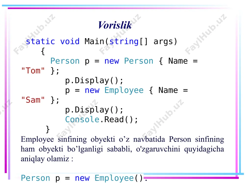 ch sinflarning konstruktorlari, shundan keyingina hosilaviy sinf konstruktorlari qayta ishlanadi. masalan, quyidagi sinflarni ko’rib chiqamiz: class person { string name; int age; public person(string name) { this.name = name; console.writeline("person(string name)"); } 21 konstruktorlarni chaqirish tartibi public person(string name, int age) : this(name) { this.age = age; console.writeline("person(string name, int age)"); } } class employee : person { string company; public employee(string name, int age, string company) : base(name, age) { this.company = company; console.writeline("employee(string name, int age, string company)"); } } 22 konstruktorlarni chaqirish tartibi employee sinfining ob'ektini yaratishda: employee tom = new employee("tom", 22, "microsoft"); konsolda quyidagiga ega bo’lamiz: person(string name) person(string name, int age) employee(string name, int age, string company) natijada quyidagi bajarilish zanjiriga ega bo’lamiz. 23 konstruktorlarni chaqirish tartibi 1. dastlab employee(string name, int age, string company) konstruktori chaqiriladi. u esa boshqaruvni person(string name, int age) konstruktorga uzatadi. 2. person(string name, int age) konstruktor chaqiriladi, o'zi …