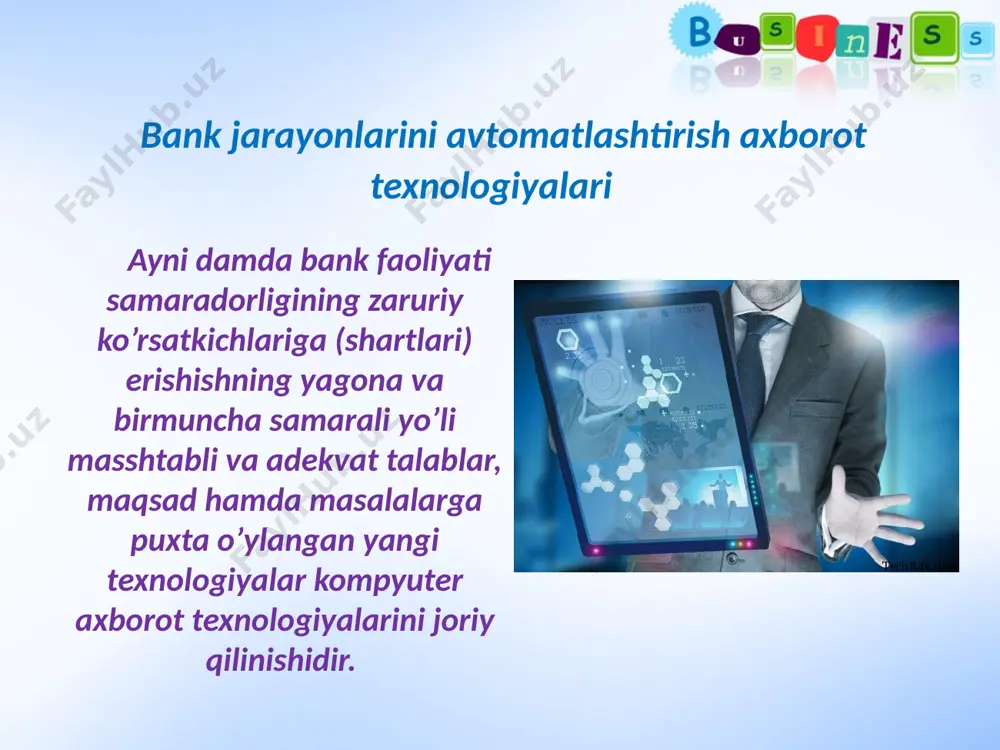 ladigan investitsiya masalalarini ko’rib chiqish; bank axborot resurslarini ko’rib chiqish; bank axborot resurslarini boshqarish; bank axborot texnologiyalaridan foydalanish va rivojlantirish; tadbiq etish jarayonlari standartlari bo’yicha qarorlar tayyorlash yoki tasdiqlash va masalalarni ko’rib chiqish. bankka yangi axborot texnologiyalari joriy qilish vaziyatida bankdagi mavjud axborot texnologiyalarining joriy vaqtdagi holati, qo’llanishi, uni rivojlantirish va foydalanishni aniqlab beruvchi rasmiy holda hujjatlashtirilgan. maromiga etkazilgan hujjat nusxalari bankning axborotlashtirish qo’mitasiga taqdim etilishi lozim. hujjatlarni taqdim etish shakli: qog’oz va umumqabul qilingan formatlardagi (masalan, ms word) elektron tashuvchilardagi nusxasi majburiydir. axborot texnologiyalari o’zida bank texnologiyalari ustidan samarali ijroiy rahbarlik va nazoratkuzatish uchun zarur bo’lgan axborotlarni o’z ichiga olgan xulosalarni ifoda etib, alohida olingan ichki yoki banklararo darajadagi axborot texnologiyalari va tizimlari uchun boshqaruv axborotlarini tarqatish hamda ayirboshlashda sezilarli samaralar berishi lozim. yuqorida keltirilgan toifalarni inventarizatsiya qilinayotgan paytdagi ularni holati axborot texnologiyalarida aks ettirilishining muhim sharti bo’lib hisoblanadi. bu esa, o’z navbatida, bank asosiy biznes maqsadlariga erishishda axborot …