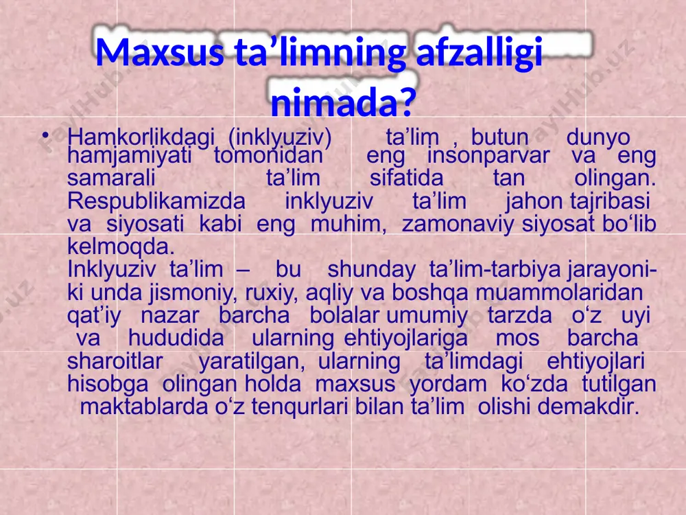 inchiliklarga duch kelmoqdalar. shuning uchun ham maxsus ehtiyojli bolalarni inklyuziv ta'limga jalb etish barcha hududlarda barcha maxsus ehtiyojli bolalarni qamrab olgan bo'lishi ta'minlanishi lozim. bog’lanishning mavjud bo’lishi tamoyili. “bog’lanish”-bu so’zning zaminida-ommaviy binolarning sifati, ayniqsa nogiron bolalar uchun maktablarga kirishning oson bo’lishi kabilar yotadi. bola maktab binosiga (zinapoyalar aravachada yurishga moslashtirilmaganligi sababli) kira olmaganmi yoki maktab xojatxonasi aravachada harakatlanuvchilarga moslashtirilmaganligi uchun oddiy maktabdan chiqarib tashlamasligi kerak. bu kabi qulayliklarni yaratish unchalik katta mablag’ talab qilmaydi. yangi maktab binosi nogiron bolalarning ehtiyojlarini e’tiborga olgan holda rejalashtirilgan paytdan boshlab qurilishi kerak. alatta nogiron bolalar uchun yaxshi bo’lgan qulayliklar normal rivojlanishdagi bolalar uchun hyech bir muammo keltirib chiqarmaydi. jismonan bog’lanishlarni yaratish inklyuziv ta’limning asosiy muammolarini hal etishga xizmat qiladi. markazlashtirilmagan bo’lishi tamoyili. bu tamoyilning mazmuni quyidagi ikkita aspekt yordamida ifodalanadi: a). inklyuziv ta’lim xizmatlari umumiy ta’lim tizimining integrasiya qilingan qismi bo’lishi kerak. b). inklyuziv ta’lim tizimidgi vazifalar mahalliy ta’lim organlariga javobgarlik va boshqaruvni yuklash …