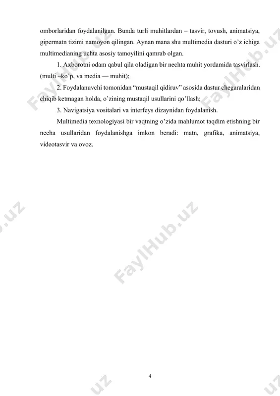 ti. (rejim «lupa»). tasvirni sifatini saqlab qolgan holda 20 marotabagacha kattalashtirish mumkin; · tasvirlarni taqqoslash va turli dasturiy vositalar yordamida ularni qayta ishlash; · turli matn, grafika va tovush muharrirlari va kartografik mahlumotlar bilan ishlash imkoniyatlari; · “erkin” navigatsiya yordamida asosiy menyuga, to’liq mundarijaga yoki dasturning istagan joyiga chiqish. multimedia vositalari – bu foydalanuvchi tovush, video, grafika, matn, animatsiya yordamida muloqotda bo’ladigan apparat va dasturiy vositalarning yig’indisi. grafik va tovush redaktorlari, kartografik axborot va matnlarga ishlov bera oladigan shaxsiy amaliy dasturlar bilan ishlash mumkin. masalan, oddiy word redaktorida tayyorlangan faylni grafik faylga aylantirish, bir formatdagi grafik fayllarni boshqa formatdagi grafik fayllarga aylantirish, bir necha multimedia ilovalarini yagona multimedia ilovalariga jamlash, multimedia ilovalarini o’lchamini, hajmini, sifatini va tuzilishini multimedia dasturlari orqali amalga oshirish mumkin. bunday dasturlarga adobe ‘agemaker, adobe ‘hotosho’, adobe flash, 3d max kabi dasturlar kiradi. multimediali taqdimot – bugungi kunda axborot taqdim etishning yagona va eng zamonaviy shakli hisoblanadi. …