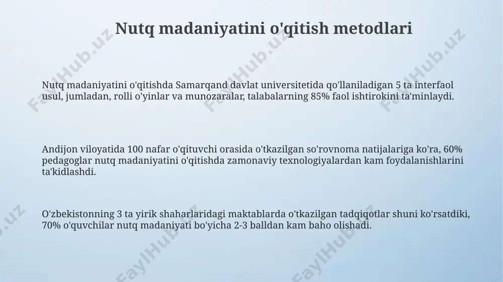 llarining asarlarida yaqqol namoyon bo'ladi. nutqning estetik funksiyasi, 19-asr oxiri va 20-asr boshlarida buxoro viloyatida yashagan shoirlarning asarlarida, 100 ga yaqin ijodiy uslub va badiiy vositalar orqali ifodalangan. nutq faoliyatining rivojlanishi nutq faoliyatining rivojlanishi 5-7 ёшдаги болаларда 2000 дан ортиқ сўз захирасига эга бўлиши билан тавсифланади, бу эса тошкент шаҳридаги тадқиқотларда аниқланган. ўзбекистон республикасининг давлат таълим стандартларига кўра, 1-синф ўқувчиларининг 80% га яқини мураккаб грамматик тузилмаларни тушуниши ва қўллаши керак. самарқанд вилоятида ўтказилган тажрибалар 3 гуруҳдаги болаларнинг нутқ ривожланишида ўйинларнинг самарадорлигини 30% га оширишини кўрсатди. e'tiboringiz uchun rahmat @taqdimot_robot image4.png image3.jpeg