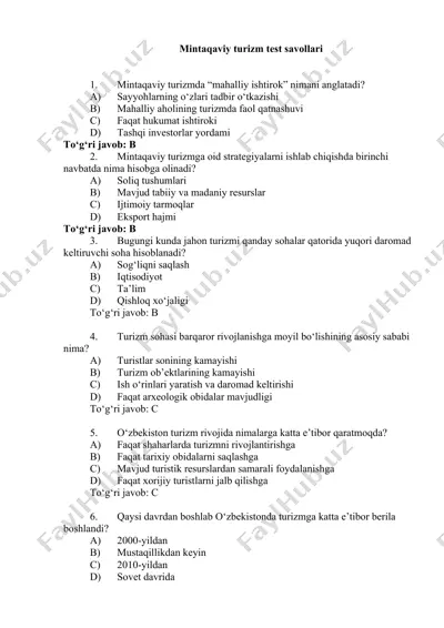 mintaqaviy turizm test savollari bazasi — DOCX