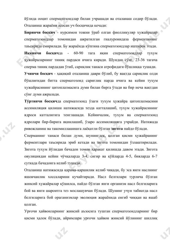 лади. қолган қисми тухум хужайраларга етиб боради. сперматозоидларнинг тухум хужайраларига етиб бориш муддати турли ҳайвонларда турличадир. масалан, қўйларда 30 дақиқадан 5-8 соатгача, сигирларда 5-9 соатгача, қуёнларда 2-3 соат давомида етиб боради. сперматозоидлар урғочи ҳайвонларнинг жинсий йўлида думчалари ёрдамида ҳаракатланади. сперматозоидларнинг бу ҳаракатига тухум йўли девори мускулларининг окситоцин гормони таъсирида қисқариши ҳам ёрдам беради. сперматозоидлар урғочи ҳайвонларнинг жинсий аъзоларида узоқ яшаши мумкин. г.а.шмидтнинг таъкидлашича, буқанинг сперматозоиди сигирларнинг жинсий йўлида 25-30 соат, чўчқаларда 48-60 соат, бияларда 3-5 кун яшаши мумкин. сперматозоидлар урғочи ҳайвоннинг жинсий аъзосига тушгандан сўнг жадал ҳаракат қилади, 1 дақиқада ўзининг буйига нисбатан 600-700 марта кўп масофага ҳаракат қилади. сперматозоидарни урғочи ҳайвон жинсий аъзосига тушгандаги ҳаракат қилиш жараёнига реотаксис дейилади. урғочи ҳайвонлар бачадон ва қин типида уруғлантириш турларига бўлинади. 1. бачадон типида уруғлантириладиган ҳайвонларга (бия, эшак, чўчқа, ит ва туялар) киради. бунда эякулят (уруғ) бачадонга қуйилади. 2. қин типида уруғлантириладиган ҳайвонларга (сигир, қўй, эчки, буғу ва бошқа ҳайвонлар) киради. бу …