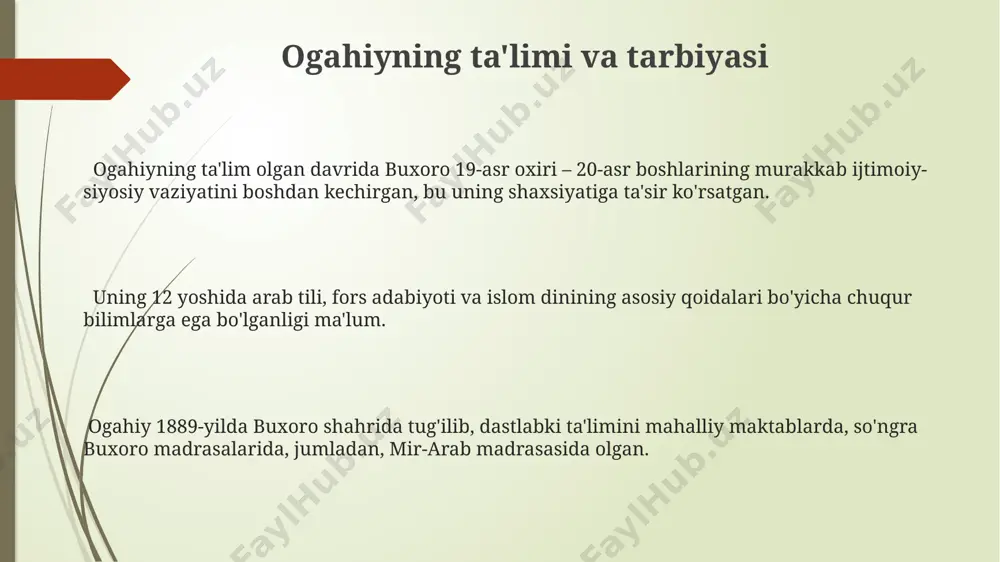 marqand viloyatining ogahiy qishlogʻida, dehqon oilasida tugʻilgan, bu uning keyingi ijodida qishloq hayoti tasvirlarining koʻp uchrashini tushuntiradi. ogahiyning she'riyatiga ta'sir etgan omillar uning ijodida turkiy xalq og'zaki ijodining 300 dan ziyod namunalari va mavlono jaloluddin rumiyning falsafiy g'oyalari yaqqol seziladi. ogahiyning she'riyatiga 19-asr buxoro amirligi madaniy muhiti, xususan, klassik fors adabiyoti an'analari va 200 dan ortiq shoirlarning ijodi kuchli ta'sir ko'rsatgan. ogahiyning she'riy uslubiga samarqand va buxoro o'rtasidagi adabiy aloqalar, shuningdek, 50 ga yaqin qo'lyozma asarlarni o'rganishi sezilarli darajada ta'sir qilgan. ogahiyning turkiy xalqlar adabiyoti rivojiga qo'shgan hissasi uning 300 dan ortiq sheʼrlari, dostonlari va maqollari turkiy tillardagi adabiyotning boyligini oshirdi hamda keyingi avlod shoirlariga ilhom manbai boʻlib xizmat qildi, shu bilan birga, turkiy xalqlarning milliy ongiga taʼsir koʻrsatdi. ogahiyning asarlari, qozogʻiston, qirgʻiziston va turkmaniston kabi turkiy tillarni oʻz ona tili sifatida qabul qilgan mamlakatlarda keng tarqalib, milliy adabiyotlarning shakllanishiga va rivojlanishiga sezilarli taʼsir koʻrsatdi. ogahiyning 19-asr oxiri – 20-asr …
