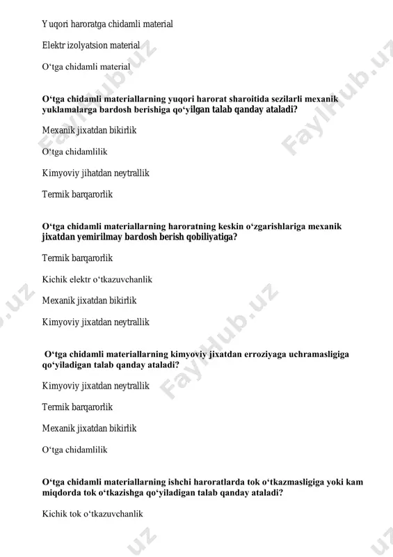 chida qizdirish amalga oshirilganda kichik kattalikdagi mahsulot qizdirilganda past harorat qizdiruvchi elementlari haroratning qanday qiymatlariga mo‘ljallangan? 500 -700 k 300 -200 k 1000 -1500 k 600 -800 k o‘rta harorat qizdiruvchi elementlari haroratning qanday qiymatlariga mo‘ljallangan? 900 -1200 k 2000 - 2500 k 1000 -1300 k 1000 -1200 k yuqori harorat qizdiruvchi elementlari haroratning qanday qiymatlariga mo‘ljallangan? 2500 -3300 k 3000 -3500 k 2000 -2300 k 6500 - 7300 k trubkasimon qizdiruvchi elementlar haroratiga ko‘ra qaysi turdagi qizdiruvchi element toifasiga kiradi? past harorat qizdiruvchi elementlar o‘rta harorat qizdiruvchi elementlar yuqori harorat qizdiruvchi elementlarga kirmaydi o‘ta yuqori harorat qizdiruvchi elementlar grafitdan yasalgan qizdiruvchi elementlar qanday ishchi haroratlarga ? 2300 k dan yuqori 1000 -2700 k 2000 -2500 k 2000 -2200 k o‘tkazgich diametrining qaysi qiymatlarida simdan yasalgan zig-zag turdagi qizdiruvchi element konstruksiyasi tanlanadi? d=6-15мм d 9mm d>90mm sim diametrining qaysi qiymatlarida lentasimon o‘tkazgichdan yasalgan zig-zag turdagi qizdiruvchi element konstruksiyasi tanlanadi? to‘g‘ri …