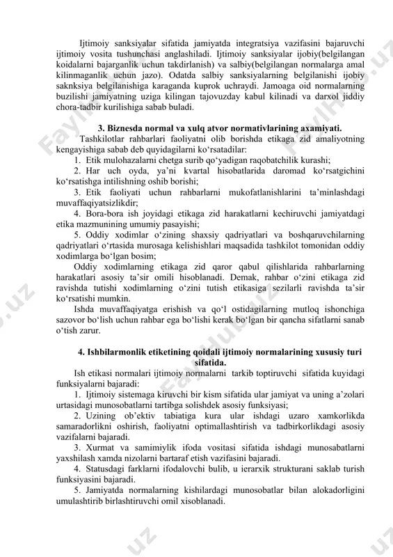 alar, kimmatliklar); ikkinchidan, aniklangan ijtimoiy normalar majmui(kishilarning, davlatlarning va ijtimoiy guruxlarning bir-biri orasidagi munosabatlarni boshkaradi). normalar bajarilishi, intizom kilinishi shart bulgan muayyan turlarni shakllantirsa, ijtimoiy nazorat shu bajarilishi kerak bulgan normalarning bajarilishini ta’minlab beradi. nazoratning asosiy vazifasi – bu sistemalarning mukobilligini ta’minlash, ularning sifatini saklab kolish, zamonaviyligini ta’minlash va ma’lum bir natijaga erishishni yuzaga keltirish. ijtimoiy nazoratning amal kilishi kuprok jamoaviy konun-koidalarga amal kilinmaydigan guruxlarga xos bulmaydi.intensivlik nuktai nazardan jamoalar u yoki bu ijtimoiy normalarni kullaydi va amalga joriy etadi. ushbu sanksiyalarning xarakteri jamoaning ijtimoiy-psixologik rivojlanish darajasiga karab aniklanadi. ijtimoiy sanksiyalar sifatida jamiyatda integratsiya vazifasini bajaruvchi ijtimoiy vosita tushunchasi anglashiladi. ijtimoiy sanksiyalar ijobiy(belgilangan koidalarni bajarganlik uchun takdirlanish) va salbiy(belgilangan normalarga amal kilinmaganlik uchun jazo). odatda salbiy sanksiyalarning belgilanishi ijobiy saknksiya belgilanishiga karaganda kuprok uchraydi. jamoaga oid normalarning buzilishi jamiyatning uziga kilingan tajovuzday kabul kilinadi va darxol jiddiy chora-tadbir kurilishiga sabab buladi. 3. biznesda normal va xulq atvor normativlarining axamiyati. tashkilotlar …