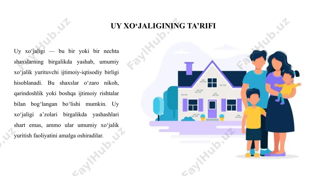 i. uy xo‘jaligi a’zolari ishlab chiqarishda ishtirok etib, daromad topadilar, kundalik ehtiyojlarini qondirish uchun tovar va xizmatlarni iste’mol qiladilar, shuningdek, jamg‘arish orqali iqtisodiy barqarorlikka erishadilar. bu jarayonda uy xo‘jaligi iqtisodiy faoliyat yurituvchi birlamchi bo‘g‘in sifatida maydonga chiqadi.uy xo‘jaligi shuningdek ijtimoiy jihatdan ham muhim ahamiyatga ega bo‘lib, unda oila a’zolari o‘rtasidagi ijtimoiy munosabatlar shakllanadi, farzandlar axloqiy, madaniy va milliy qadriyatlar asosida tarbiyalanadi, o‘zaro yordam va birdamlik orqali jamiyatda barqarorlik ta’minlanadi. uy sharoitida urf-odatlar, an’analar va milliy meros avloddan avlodga o‘tadi, bu esa ijtimoiy merosning saqlanishini kafolatlaydi.shuningdek, uy xo‘jaligi demografik funksiyalarni ham bajaradi. bu yerda farzand ko‘rish, ularni tarbiyalash, oilaning kengayishi va shunga mos demografik o‘zgarishlar yuz beradi. uy xo‘jaligi aholining tabiiy ko‘payishida, yosh tarkibining shakllanishida va demografik rivojlanishda bevosita ishtirok etadi. demografik funksiyalar uy xo‘jaliklari jamiyatning demografik tuzilmasida muhim rol o‘ynaydi. avvalo, har bir uy xo‘jaligi tarkibida farzandlarning mavjudligi va soni bevosita aholi sonining tabiiy o‘sishiga xizmat qiladi. shu jihatdan, uy …