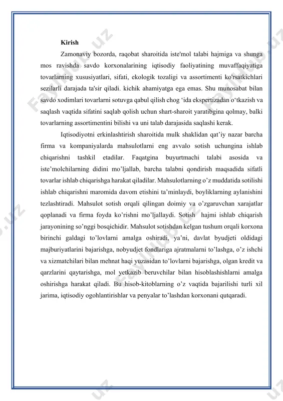 lari va nomlarining haqiqiy soni bilan, bazaviy ko'rsatkich esa tovarlarning tartibga solinadigan yoki rejalashtirilgan soni bilan tavsiflanadi. to'liqlik koeffitsienti - haqiqiy to'liqlik ko'rsatkichining asosiy ko'rsatkichga nisbati. assortimentning barqarorligi (barqarorligi) - tovarlar to'plamining bir xil tovarlarga bo'lgan talabni qondirish qobiliyati. bunday tovarlarning o'ziga xos xususiyati ularga doimiy talabning mavjudligi. barqarorlik koeffitsienti - iste'molchilar o'rtasida barqaror talabga ega bo'lgan tovarlar turlari, navlari va nomlari sonining bir xil turdagi tovarlarning turlari, navlari va nomlarining umumiy soniga nisbati. shunday qilib, yuqorida muhokama qilingan misolda besh turdagi pishloqdan uchtasi doimiy talabga ega. shuning uchun barqarorlik koeffitsienti 60% ni tashkil qiladi. assortimentning yangiligi (yangilanishi) tovarlar to'plamining o'zgaruvchan ehtiyojlarni yangi tovarlar orqali qondirish qobiliyatidir. yangilik haqiqiy yangilanish bilan tavsiflanadi - umumiy ro'yxatdagi yangi mahsulotlar soni va yangi mahsulotlar sonining mahsulot nomlarining umumiy soniga (yoki haqiqiy kengligi) nisbati sifatida ifodalanadigan yangilanish darajasi. yangilash - bu, qoida tariqasida, to'yingan bozorda amalga oshiriladigan tashkilotning assortiment siyosatining yo'nalishlaridan biri. biroq, assortimentning …