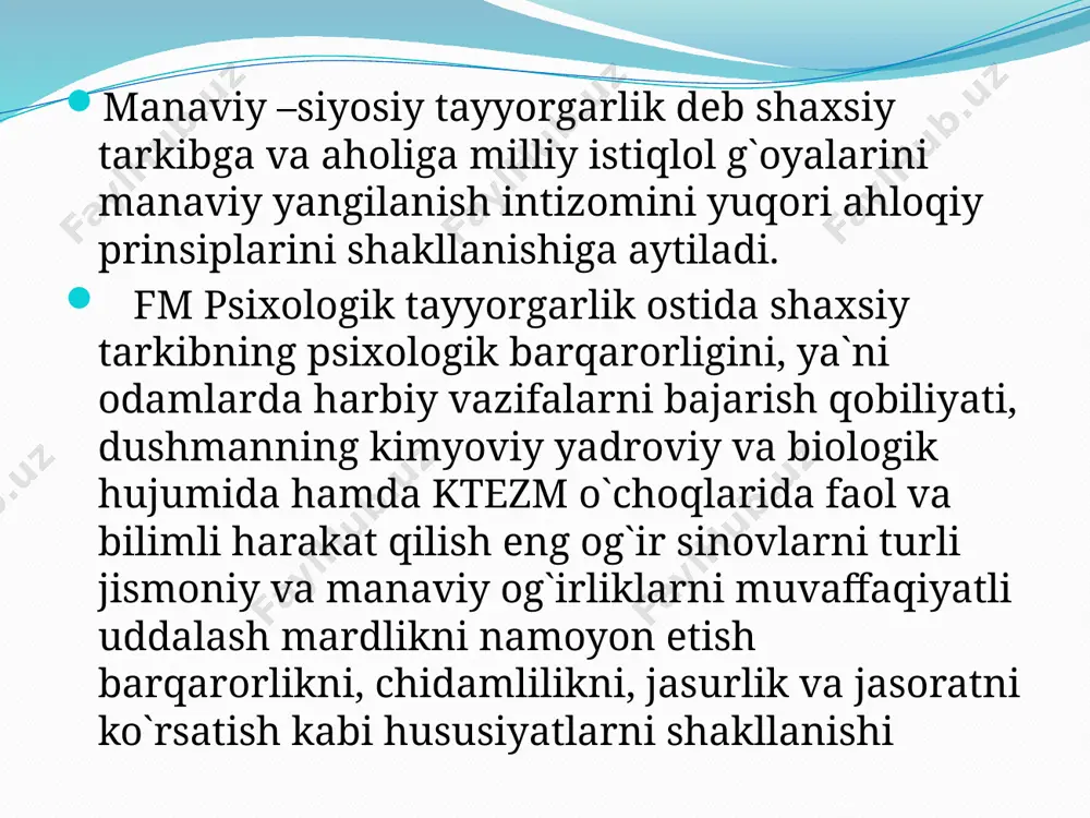 imal yaqinlashtirilgan yaqinlashtirilgan sharoit sharoit yaratiladi yaratiladi . .   buning buning uchun uchun fuqaro fuqaro muhofazasining muhofazasining o o ’ ’ quv quv mod mod - - diy diy - - t t е е xnik xnik bazasini bazasini yaratish yaratish , , uni uni doimo doimo foydala foydala - - nishga nishga tayyor tayyor holda holda saqlash saqlash , , o o ’ ’ tkazilayotgan tkazilayotgan o o ’ ’ quv quv mashgulotlari mashgulotlari va va mashqlarida mashqlarida samarali samarali qo qo ’ ’ llash llash lozim lozim . .   ma'naviy ma'naviy - - ruhiy ruhiy tayyorgarlikning tayyorgarlikning shakl shakl va va usullarini usullarini mahalliy mahalliy sharoitni sharoitni hisobga hisobga olgan olgan holda holda doimo doimo takomillashtirib takomillashtirib borish borish zarur zarur . . ma'naviy ma'naviy - - ruhiy ruhiy tayyorgarlikda tayyorgarlikda k k е е tma tma - - k k е е tlik …