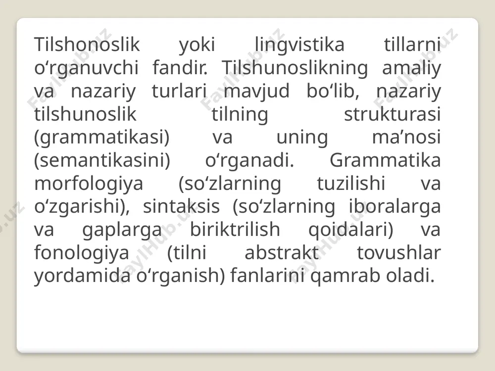 qismlarga ajratish metodi; gap bo’laklari metodi tilshunoslik taraqqiyotining dastlabki davrlaridanoq amalda bo’lgan . bu metodga ko’ra gaplar bo’laklarga ajratiladi . bunda so’zning gapdagi vazifasiga asoslaniladi . gap bo’laklari tahlili quyidagicha amalgam oshiriladi . 1. gapning bosh bo’laklari (ega va kesim ), ikkinchi darajali bo’laklari (to’ldiruvchi , aniqlovchi , hol )ajratiladi 2. gap bo’laklari vazifasida qaysi so’z turkumi keltirilayotganligi aniqlanadi 2. gap bo’lagi vazifasida kelayotgan so’zlarning grammatik shakllari (morfologik kategoriyalar ) izohlanadi tarixiy – qiyosiy metod qiyosiy – tarixiy tilshunoslik asoslanadigan birlamchi metod hisoblanadi .bu metod dunyo tillarining rang – barangligi , ular o’rtasidagi o’xshash va farqli jihatlarni qiyoslash asnosida shakllandi . ushbu metod quyidagi masalalarni hal etadi : 1 . tillarning o’ziga xos xususiyatlarini va boshqa tillar bilan o’xshash jihatlarini qiyoslash natijasida ularni qarindosh yki qarindosh emasligini aniqlash . 2 . qarindosh deb topilgan tillarni o’zaro qiyoslab o’rganib , ular uchun umumiy bo’lgan ginetik asosni aniqlash ; bu taxlit o’rganishda …