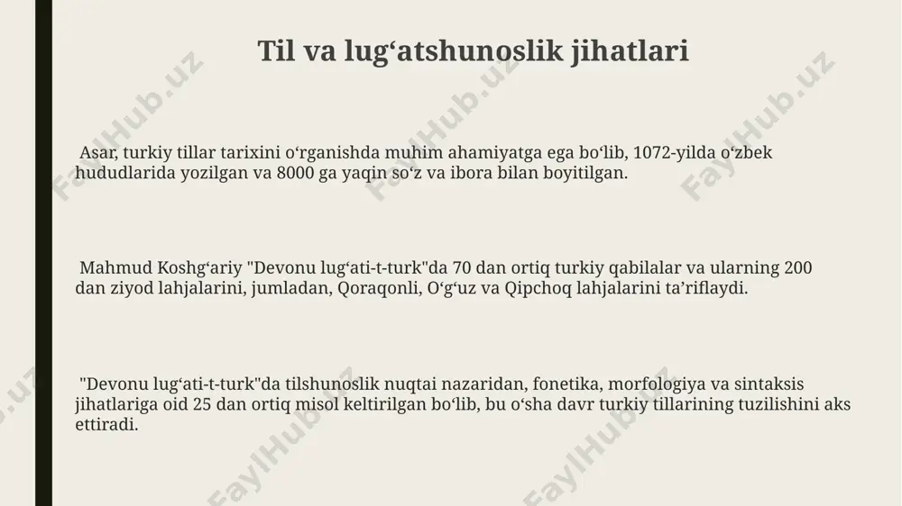 asarda morfologik tahlilga oid 7000 dan ortiq soʻzning shakl oʻzgarishlari, qoʻshimchalari va ularning grammatik vazifalari, shu jumladan, karaxoniy turkcha gap tuzilmalari misollari bilan keltirilgan. mahmud koshgʻariy hayoti унинг "дивони луғоти-т-турк" асари туркий тилларнинг грамматикаси, лексикологияси ва диалектологиясига бағишланган бўлиб, 7500 дан ортиқ сўз ва иборани ўз ичига олган. маҳмуд қошғарий 11-асрда, яъни 1072-йилда қошғар шаҳрида таваллуд топган ва ўз даврининг машҳур олимларидан бири бўлган. маҳмуд қошғарийнинг илмий мероси 11-асрдаги ўрта осиёдаги маданий ва илмий юксалишнинг яққол далили ҳисобланади ва кўплаб тилшунослар томонидан ўрганилган. adabiy namunalar va sheʼrlar "divan lughati't-turk"dagi adabiy namunalarning aksariyati xalq og'zaki ijodining namunalari bo'lib, ularning 500 dan ortig'i mahalliy lahjalarda yozilgan. "divan lughati't-turk"da 70 dan ortiq turkiy xalqlarga oid adabiy namunalar, jumladan, 11-asr qashqadaryo viloyati sheʼrlari va maqollari mavjud. asar, 2000 dan ortiq sheʼr va hikoyalarni o'z ichiga olgan holda, turkiy tilning boyligi va adabiy merosi haqida 11-asr movarounnahr madaniyatini aks ettiradi. merosining davomiyligi qo'lyozma nusxalarining soni …