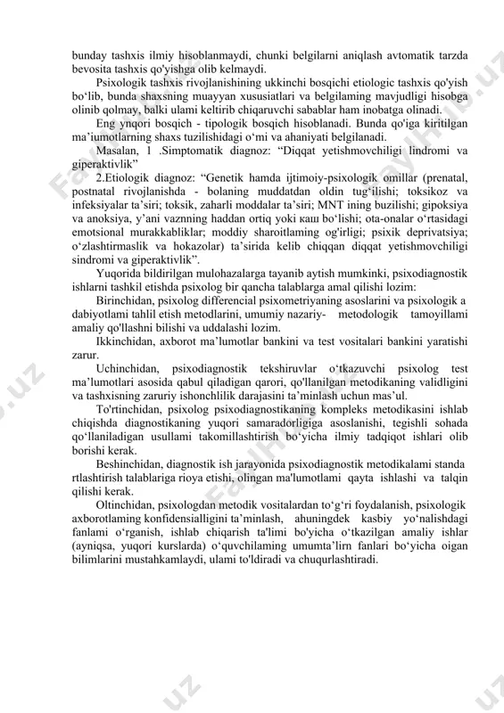 qiling, deymiz». lekin tarbiyachilar bolalar psixologiyasi bo‘yicha bilimlarni juda kam qo‘llaydilar, asosan o‘quvchilar o‘zlashtirmaganlarida, taraqqiyotdan chetlashish yoxud buzilishlar sodir bo‘lgandagina foydalanishga harakat qiladilar. bolalarning bunday holatlari chegara holatlari sifatida, psixik taraqqiyot kamchiligi o‘laroq shaxs aktsentuatsiyasining turli ko‘rinishi sifatida tasniflanishi mumkin. ularni aniqlash uchun bolalar psixologiyasi, klinik patopsixologiya va psixiatriya kabi sohalardagi bilimlar talab qilinadi. bundan tashqari tarbiyachi bolalar psixologiyasining akseleratsiya (tez etilish), pedagogik qarovsizlik kabi muammolarini hal qilishiga to‘g‘ri keladi. o‘qituvchi ta'lim va tarbiyadagi qiyinchiliklar nega va qanday paydo bo‘lishini tushunishi uchun, avvalo bola psixik taraqqiyotining asosiy qonuniyatlarini bilishi va turli psixik holatlarning psixologik diagnostika metodlarini egallashi zarur. o‘qituvchi bolalar bilan ishlashda psixodiagnostik tadqiqot doimiy kuzatish jarayonida olingan natijalardan qanchalik to‘g‘ri foydalana olishi ham muhim hisoblanadi. tajribaga asoslangan psixologik diagnostika fan sifatida xix asr oxirida vujudga keldi. xuddi shu davrda psixologiyada o‘lchash g‘oyasi keng tarqaldi. psixodiagnostikaning mustaqil fan sohasiga aylanishi olimlarning insonlar psixikasidagi individual farqlarga qiziqishining ortishi bilan bog‘liq. psixodiagnostika …