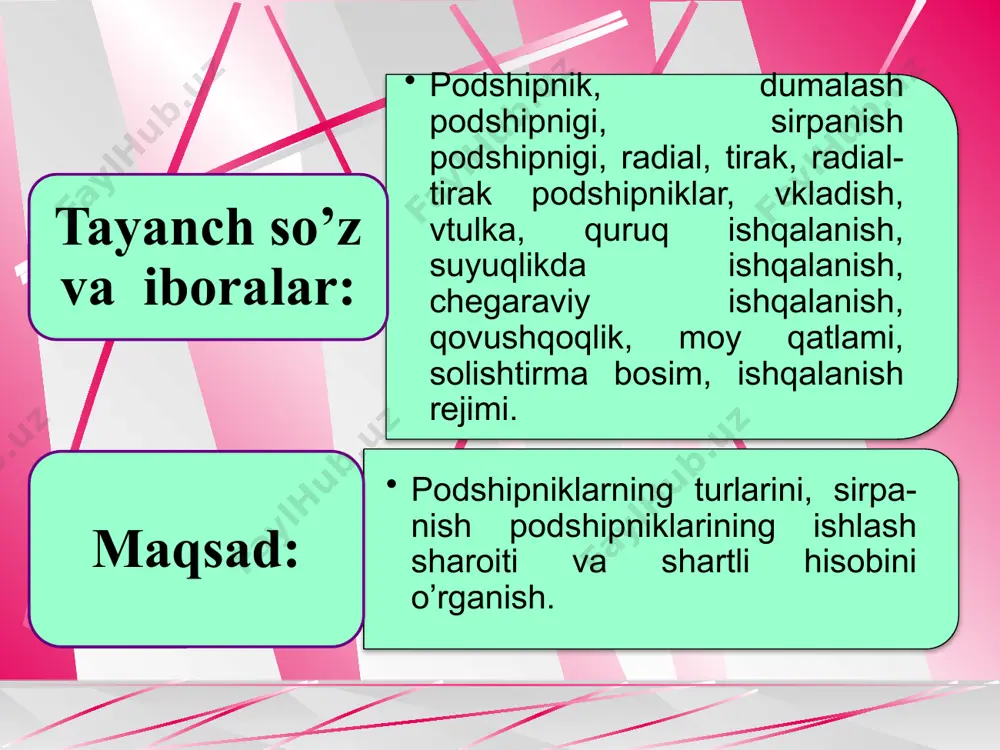 ida tashqariga olib ketiladi. podshipnikning normal ishlashi uchun, hosil bo’layotgan issiqlik miqdori mavjud imkoniyatlar vositasida olib ketilayotgan issiqlik miqdoridan ortiq bo’lmasligi kerak aks holda podshipnikning qizishi ruxsat etilgan darajadan ortib, vkladish suyuqlanib ketishi mumkin. demak, podshipnikning haddan tashqari qizib ketishi uni ishdan chiqaruvchi asosiy sabablardan biridir. bundan tashkari, sapfaning vkladish ustida sirpanib ishqalanishi natijasida yeyilish prosessi ham sodir bo’ladi. vkladish sirtining yeyilishi ma’lum chegaradan ortib ketsa, mexanizmning ishlashi yomonlashadi. shuning uchun bun­day podshipniklar yemirilgan deb topiladi. podshipnikning chidamliligi, asosan, yeyilish sur’ati bilan belgi­lanadi. ularning sinib ketishi esa kam uchraydi. yeyilishning sur’ati ko’p jihatdan ishqalanish prosessi sodir bo’layotgan sirtlar orasidagi muhitga bog’liq. ana shu muhitga qarab, ishqalanish uch turga bo’linadi. 1. quruq ishqalanish – moylanmagan sirtlar orasidagi ishqa­la­n­ish. 2. suyuqliqda ishqalanish. bunda ishqalanayotgan sirtlar o’zaro qov­ush­­oq moy qatlami bilan batamom ajralgan holda bo’ladi (2-rasm). 2-rasm. sirpanish podshipnigining suyuqlikda ishqalanish holatida val bilan vkladishning o’zaro joylashuvi (kattalashtirilgan): 1- moy; 2-vkladish; 3-moy qatlami. …