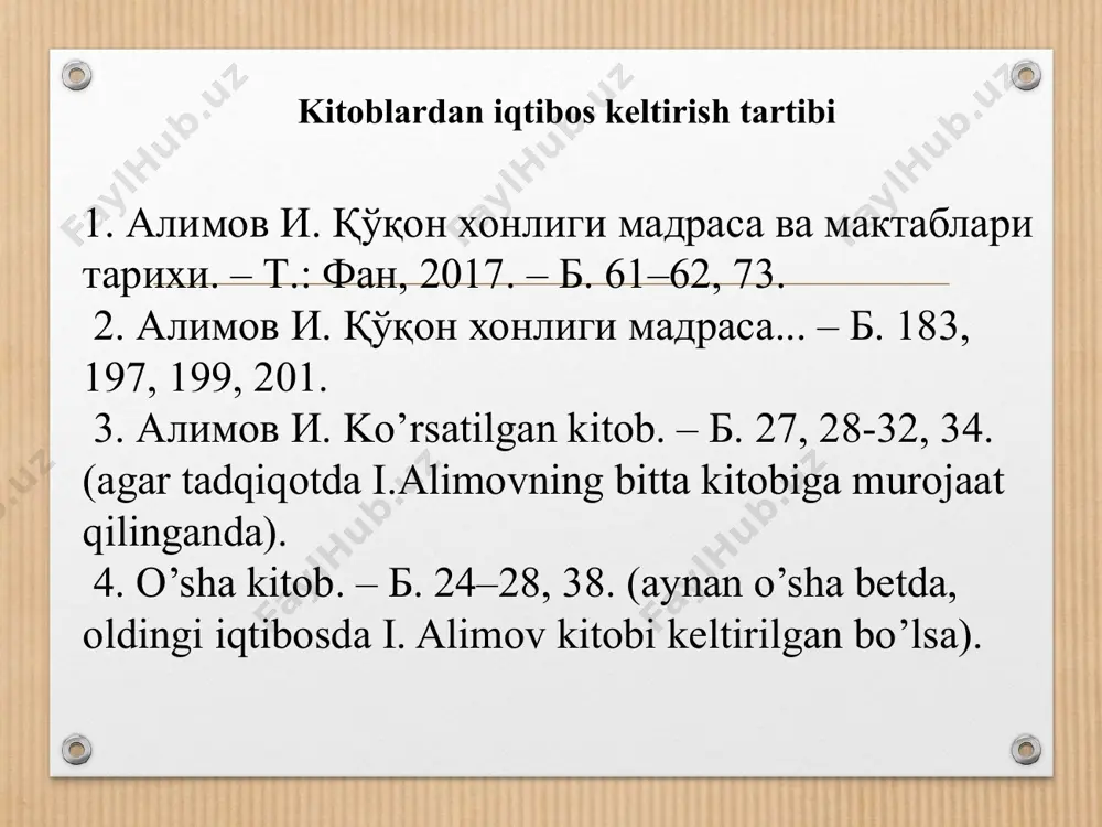 jurnallar 3.1. акрамов х. м. наманганда гул байрами // наманган ҳақиқати. 2008. 21 август. 3.2. сувонов к. х. туркистон матбуоти жонкуяри // тафаккур. –2004. – №4. – б. 20. konferensiya materiallari 4.1. ражабов қ. к. туркистон минтақасида совет режимига қарши қуролли ҳаракат тарихининг манбашунослиги (архив ҳужжатлари ва эълон қилинган тўпламлар материаллари мисолида) // тарихий манбашунослик муаммолари. республика илмий-амалий анжумани материаллари. – т., 2008. – б. 328. xorijiy adabiyotlarga iqtibos berish tartibi pierce r. a. russian central asia 1867–1917: a study in colonial rule. – los angeles: university of california press, 1960. – p. 204–210. rasulov a. turkistan ve idil-ural halklari arasindaki ilişkilar (1917–1924). – ankara, 2017. – b. 90–91. васильев д. б. бремя империи. админстративная политика россии в центральной азии. вторая половина xixв. – м.: росспан, 2018. – с. 157. батыс қазақстан тарихы. история запaдного казахстана. ики томдиқ. в двух томах ii. – ақтобе, 2006. – б. 47. гафаров с. …