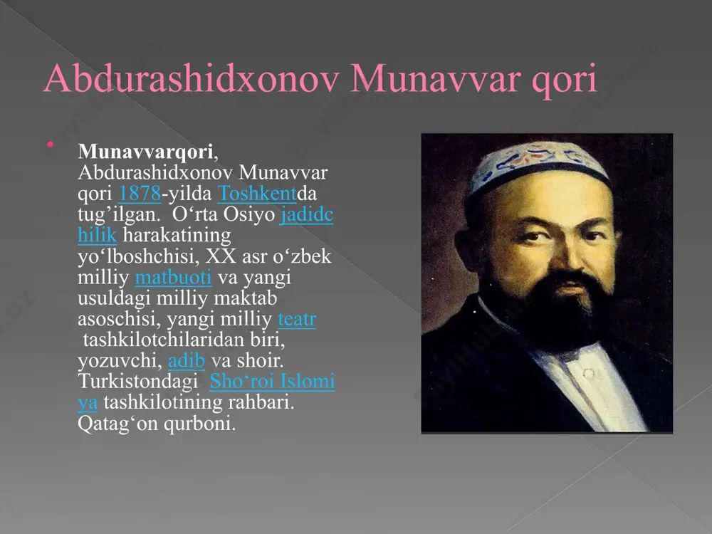 t arbobi. sadriddin ayniy sadriddin ayniy . haqiqiy ismi sadriddin said-murodzoda 1878-yil 15-aprelda soktare qishlogʻi buxoro amirligida tug’ilgan. tojik va oʻzbek sovet yozuvchisi. shoir, davlat va jamoat arbobi. sovet davridagi tojik adabiyoti asoschisi. tojik va oʻzbek tillarida ijod qilgan. tojikiston fanlar akademiyasining birinchi prezidenti (1951—1954), oʻzbekiston fanlar akademiyasi faxriy aʼzosi (1943), tojikistonda xizmat koʻrsatgan fan arbobi (1940), filologiya fanlari doktori (1948), professor (1950). tojikiston qahramoni unvoni sohibi (1998), qator sobiq sssr orden va medallari sohibi. 2001-yilda o‘zining beqiyos isteʼdodi, o‘lmas ijodiy merosi bilan o‘zbek milliy madaniyati rivojiga hissa qo‘shgani uchun oʻzbekiston respublikasining „buyuk xizmatlari uchun“ ordeni bilan mukofotlangan. ubaydullaxoʻja asadullaxoʻjayev ubaydullaxoʻja asadullaxoʻjayev ayrim manbalarda xoʻjayev ubaydulla.1878-yilda toshkentda tug’ilgan. jamoat arbobi, jadidchilik harakatining yirik vakili, oʻzbek matbuotining ilk tashkilotchilaridan biri. turkiston muxtoriyatining hukumat boshliqlaridan biri (1917–1918). toshkent shahrida hunarmand oilasida tugʻilgan. millati oʻzbek. toshkentdagi rus-tuzem maktabini bitirgach, mahkamalardan birida tilmoch boʻlib ishladi (1897). rossiyaning saratov shahridagi huquqshunoslik institutida oʻqidi (1908–1912). talabalik …