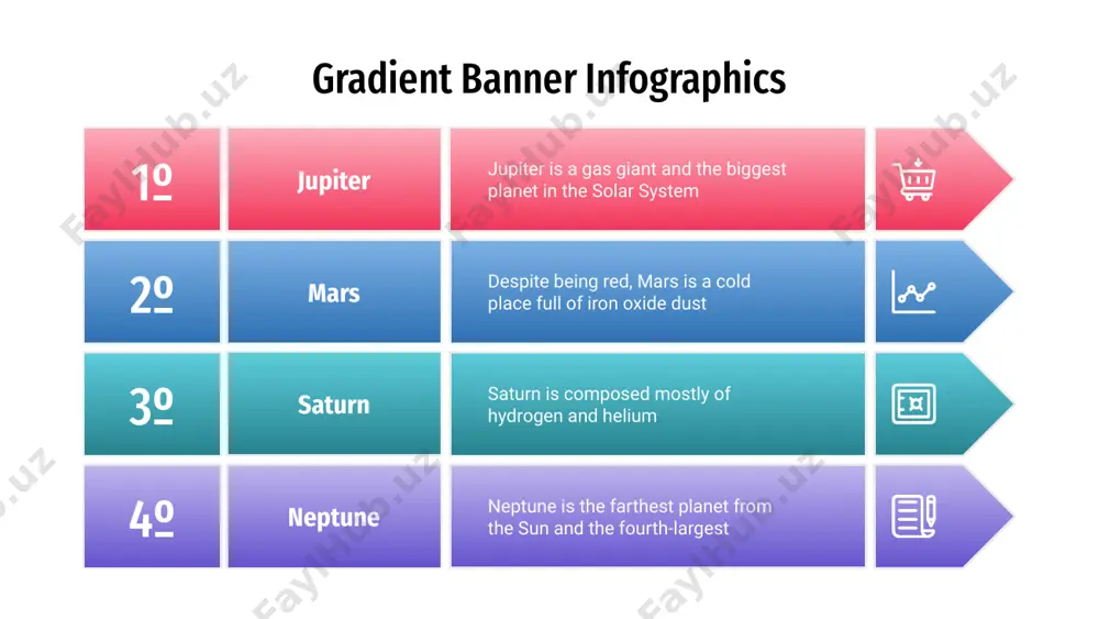 m and it’s also a gas giant saturn 04 gradient banner infographics 01 03 02 04 mercury is the closest planet to the sun mercury despite being red, mars is a cold place mars jupiter is a gas giant and the biggest planet jupiter neptune is the farthest planet from the sun neptune gradient banner infographics mercury is the closest planet to the sun of them all 01 jupiter this planet is a gas giant and the biggest one 04 saturn planet saturn is the ringed one. it’s a gas giant 04 mars despite being red, mars is actually a very cold place 02 gradient banner infographics jupiter is a gas giant and the biggest planet jupiter planet saturn is the ringed one and it’s a gas giant saturn mercury is the closest planet to the sun of them all mercury despite being red, mars is actually a very cold …