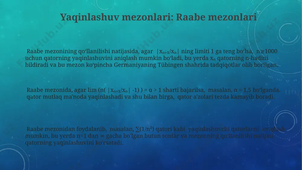 arni qatorlar yordamida yechish cheksiz qatorlar yordamida differensial tenglamani yechishda, ya'ni 10 ta a'zoli qatorni hisoblashda xatolik chegarasi 0.001 dan oshmasligi kerak, bu esa aniqlikni ta'minlaydi. frobenius usuli, x=0 nuqtasida singular bo'lgan differensial tenglamalarni yechishda 3 ta lineer mustaqil yechimni topishga imkon beradi, toshkent universitetida o'rganiladi. frobenius usuli, x=0 nuqtasida singular bo'lgan differensial tenglamalarni yechishda 3 ta lineer mustaqil yechimni topishga imkon beradi, toshkent universitetida o'rganiladi. yaqinlashuv mezonlari: integral mezon integral mezon, agar f(x) musbat, kamayib boruvchi va uzluksiz funksiya bo'lsa, x≥1 uchun ∑f(n) qatordaning yaqinlashishi yoki divergensiyasi ∫₁^∞ f(x)dx integrali bilan bog'liqdir. integral mezon yordamida, masalan, p>1 uchun ∑(1/n^p) qatordaning yaqinlashishini baholash mumkin. bu riemann integrali yordamida moskva shahrida 19-asrda isbotlangan. agar f(x) = 1/(xln(x)) bo'lsa (x>1), unda ∫₂^∞ f(x)dx divergent bo'ladi. shuning uchun, integral mezoniga ko'ra, ∑(1/(nln(n))) qatori ham divergentdir, bu esa toshkentdagi olimlar tomonidan 20-asrda tasdiqlangan. yaqinlashuvchi va uzoqlashuvchi qatorlarning ta'rifi yaqinlashuvchi qatorlar sonli chegaraga ega boʻlib, …