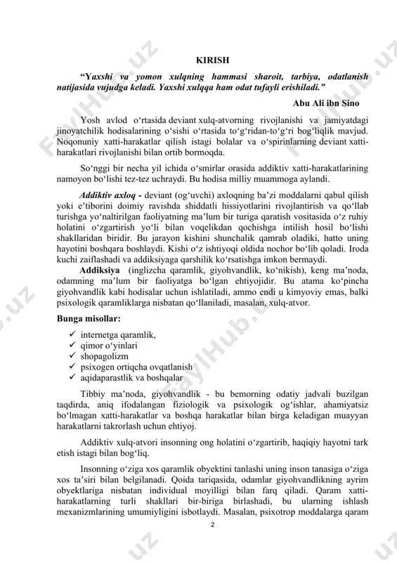 adi va addiksiyaga qarshilik koʻrsatishga imkon bermaydi. addiksiya (inglizcha qaramlik, giyohvandlik, koʻnikish), keng maʼnoda, odamning maʼlum bir faoliyatga boʻlgan ehtiyojidir. bu atama koʻpincha giyohvandlik kabi hodisalar uchun ishlatiladi, ammo endi u kimyoviy emas, balki psixologik qaramliklarga nisbatan qoʻllaniladi, masalan, xulq-atvor. bunga misollar: · internetga qaramlik, · qimor oʻyinlari · shopagolizm · psixogen ortiqcha ovqatlanish · aqidaparastlik va boshqalar tibbiy maʼnoda, giyohvandlik - bu bemorning odatiy jadvali buzilgan taqdirda, aniq ifodalangan fiziologik va psixologik ogʻishlar, ahamiyatsiz boʻlmagan xatti-harakatlar va boshqa harakatlar bilan birga keladigan muayyan harakatlarni takrorlash uchun ehtiyoj. addiktiv xulq-atvori insonning ong holatini oʻzgartirib, haqiqiy hayotni tark etish istagi bilan bogʻliq. insonning oʻziga xos qaramlik obyektini tanlashi uning inson tanasiga oʻziga xos taʼsiri bilan belgilanadi. qoida tariqasida, odamlar giyohvandlikning ayrim obyektlariga nisbatan individual moyilligi bilan farq qiladi. qaram xatti-harakatlarning turli shakllari bir-biriga birlashadi, bu ularning ishlash mexanizmlarining umumiyligini isbotlaydi. masalan, psixotrop moddalarga qaram boʻlgan odam tamaki yoki spirtli ichimliklar yordamida …