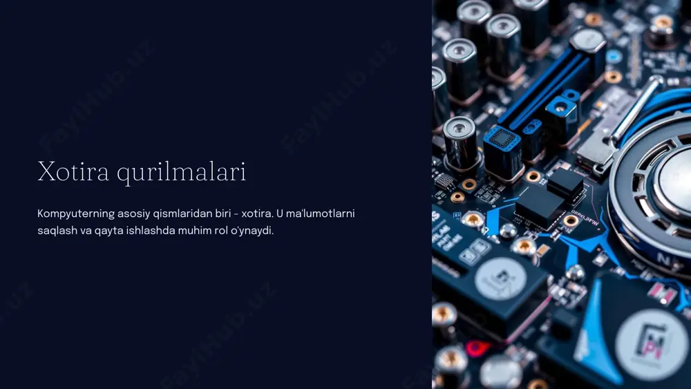 sh xotiralarning qo'llaniladigan sohalar 1 rom kompyuterlarning bios-da, dasturlarni yuklash uchun ishlatiladi. 2 ram ishlayotgan dasturlar va ma'lumotlar uchun vaqtincha saqlash uchun ishlatiladi. 3 flash flesh-xotira kartalari, usb haydovchilari, smartfonlar va boshqa qurilmalarda ma'lumotlarni saqlash uchun ishlatiladi. 10 zamonaviy xotira qurilmalari zamonaviy xotira qurilmalari tezlik, sig'im va chidamlilik jihatidan doimo rivojlanmoqda. yangi texnologiyalar, masalan, ddr5 ram va nvme ssdlar, kompyuterlarning ishlashini yanada yaxshilaydi. 11 image1.png image2.png image3.png image4.png image5.png image6.png image7.png image8.png image9.png image10.png image11.png image12.png image13.png image14.png image15.png image16.png