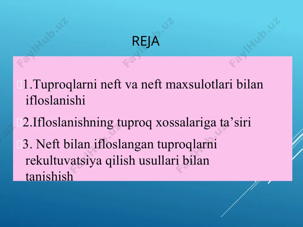 rang oralig‘ida ba’zan yashil rangda ham uchraydi. o‘rtacha molekulyar massasi 220-230 g/mol (ba’zan 450-470g/mol), zichligi 0,65-1,05 (odatda 0,82-0,95 g/sm), qaynash harorati 28-100os oralig‘ida (parafinlar miqdoriga 1,98-265,90 bog‘liq mm2/s bo‘lsa holda), yopishqoqligi (og‘ir fraksiyali tarkib ko‘p yopishqoqlik yuqori bo‘ladi).  uglevodorodlar tarkibi ham turlicha bo‘lib, parafinlar 30-35 %, naftenli uglevodorodlar 25-75%, aromatik tarkibli-10-20 % oralig‘ida uglevodorodlar uchraydi, element tarkibi esa (%): s-82-87, n-11-14, s-0,01-6, n-0,001-1,8, o-0,005-0,35, bundan tashqari 50 ga yaqin element uchraydi. tuproqlarning neft bilan ifloslanish darajasi tuproq qoplamini neft bilan ifloslanishi turli omillarga ko‘ra turlicha bo‘ladi va tuproq tarkibiga tushgan neft miqdoriga ko‘ra quyidagi darajalarga bo‘linadi: ifloslanmagan tuproqlar 1,0 g/kg; kuchsiz darajada ifloslangan tuproqlar 1,0-5,0 g/kg; o‘rtacha darajada ifloslangan tuproqlar 5-12 g/kg; kuchli darajada ifloslangan tuproqlar 12-25 g/kg; juda kuchli darajada ifloslangan tuproqlar 25 g/kg dan ortiq; muallif: professor z.a.jabbarov tuproq xossalariga neft va neft mahsulotlarining ta’siri  tuproqqa doimiy ravishda tabiiy va antropogen omillar o‘zining ta’sirini o‘tkazadi, buning …