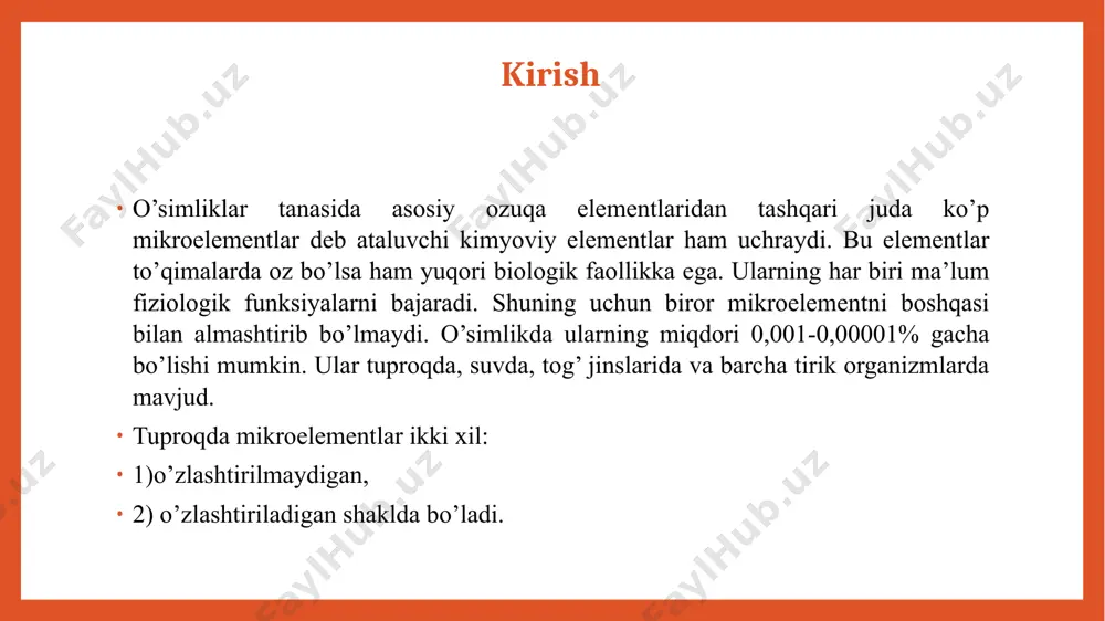 kibiy qismidir. peroksidaza lignin sintezida ham ishtirok etadi. tsitoxromlar nafas olish va fotosintetik elektron tashish zanjirlarining zaruriy tarkibiy qismidir, shuning uchun temir etishmasligi bilan elektron tashish inhibe qilinadi. bu fermentlarning barchasida temir protez guruhida gem sifatida mavjud bo'lib, unda markaziy temir atomi katta tsiklik tuzilishda bog'langan to'rtta pirrol halqalari bilan bog'langan . gemoproteinlar kislorodni bog'laydigan va dukkakli o'simliklarning tugunlariga kirib borishiga to'sqinlik qiluvchi leggemoglobinni o'z ichiga oladi. bundan tashqari, bir qator fermentlar tarkibida temir bo'lmagan yarim shaklda - oltingugurt bilan birgalikda mavjud. temir-oltingugurt oqsillariga ferredoksin, akonitaza, ksantin oksidaza, lipoksigenaza, nitrogenaza va azot almashinuvining asosiy fermenti - nitrat reduktaza kiradi. hammasi bo'lib, oltingugurt bilan bog'langan temir oqsili umumiy temir tarkibining 18,5% ni tashkil qiladi; mitoxondriyal komplekslar 9, ferredoksin - 2,5% ni tashkil qiladi. xloroplastlarda mavjud bo'lgan superoksid dismutaza tarkibida temir ham mavjud. barg tarkibidagi temirning 60% gacha xloroplastlar hosil bo'ladi. temir ishtrokida xlorofil sintezi temir yetishmasligi temir yetishmasligi bilan xloroplastlarning sitoxromlar, …