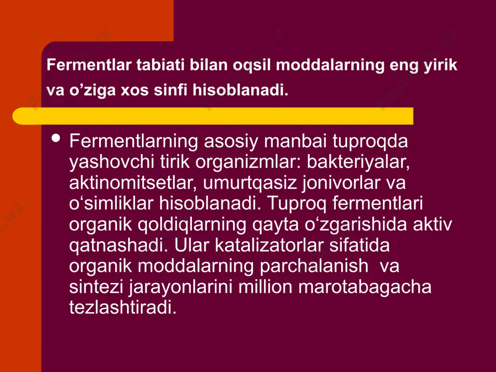 ddalar o‘zining tabiati va tuproq paydo bo‘lish jarayonlardagi roliga ko‘ra ikki guruppaga bo‘linadi aromatik birikmalar asosan zamburug‘lar ishtirokida parchalanadi. masalan, ligninning tarkibiy qismlarga parchalanishi oksidoreduktaza, liaza, ekteraza, laktaza kabi fermentlar ta’sirida boradi. lignin strukturali birikishiga ko‘ra, parchalanishga ancha chidamli bo‘lganidan, chiriyotgan qoldiqlarda nisbatan ko‘proq to‘planadi. tuproqlarning fermentativ aktivligi ham yuqori. organik moddalar tuproq yuzasi havosi tarkibidagi karbonat angidridi miqdorini oshiradi. bu o‘z navbatida fotosintez jarayonini kuchaytiradi. yuqori biologik aktiv tuproqlarda, odatda, ekinlardan yuqori hosil olish uchun qulay sharoit mavjud bo‘ladi. mikroorganizmlar bilan bir qatorda, organik moddalarning qayta o‘zgarishi va parchalanishida hamda gumusli moddalarning hosil bo‘lishida fermentlarning ahamiyati ham katta.fermentlar tabiati bilan oqsil moddalarning eng yirik va o’ziga xos sinfi hisoblanadi. fermentlarning asosiy manbai tuproqda yashovchi tirik organizmlar: bakteriyalar, aktinomitsetlar, umurtqasiz jonivorlar va o‘simliklar hisoblanadi. tuproq fermentlari organik qoldiqlarning qayta o‘zgarishida aktiv qatnashadi. ular katalizatorlar sifatida organik moddalarning parchalanish va sintezi jarayonlarini million marotabagacha tezlashtiradi. tuproqdagi barcha fermentlar kompleksi tuproqning fermentativ …