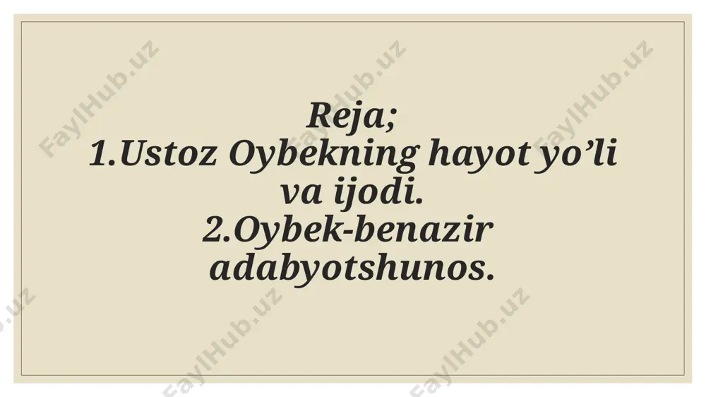 on ,donishmand inson ekanligi yaqqol sezilib turadi. “oybek butun hayoti davomida pok qalb bilan adabiyotni sevib yashadi,adabiyot orqali esa xalqiga,vataniga farzand bo’ldi.u boshqalardan ,ayniqsa,adabiyotga yangi qadam qo’ygan yoshlardan ham shu muhabbatni talab qildi.u adabiyotni emas ,adabiyotda uni sevadigan,o’zi adabiyotga emas ,adabiyotni o’ziga xizmat qildiradigan odamlarni yomon ko’radi, suymaydi.” ozod sharafiddinovning 1975-yilda nashr etilgan “iste’dod jilolari”risolasidan. e’tiboringiz uchun rahmat! image2.jpg image3.jpg image4.jpg /docprops/thumbnail.jpeg