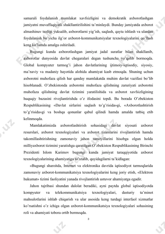 anish huquqlarini amalga oshirishda, shuningdek, axborotning muhofaza qilinishi, shaxs, jamiyat va davlatning axborot borasidagi xavfsizligini ta’minlashda muhim ahamiyat kasb etdi». 2018-yil 9-yanvar kuni prezidentimiz shavkat mirziyoyev raisligida axborot-kommunikatsiya texnologiyalarini yanada rivojlantirish va xavfsizligini ta’minlash bo’yicha amalga oshirilayotgan chora-tadbirlar natijadorligiga bag’ishlangan yig’ilish bo’lib o’tdi. bu bejiz emas albatta. yig’ilishda erishilgan natijalar alohida qayd etilar ekan, 2018-yilda va yaqin istiqbolda amalga oshirilishi zarur bo’lgan ustuvor vazifalar haqida ham so’z bordi. prezident axborot texnologiyalari sohasida hali qilinadigan ishlar ko’pligi, erishilgan natijalar boshqa davlatlarga qaraganda ancha past ko’rsatkichda ekanligini qayd etdi. yosh avlodga katta e’tibor qaratish, yosh avlodni axborot texnologiyalariga bo’lgan qiziqishini oshirish zarurligi to’g’risida tegishli vazirlik va idoralarga topshiriqlar berib o’tdilar. albatta, har bir texnika vositasi yaratilishiga inson ongi, tafakkuri, to’plagan bilimlari va mehnati natijasi evaziga erishiladi. bilimlar esa o’z navbatida o’sish, izlanish va tajriba asosida to’planadi. bilim olishning asosiy manbai kitob hisoblansada, lekin hozirgi kunda internetning shiddat bilan rivojlanib, xonadonlarga kirib borishi …