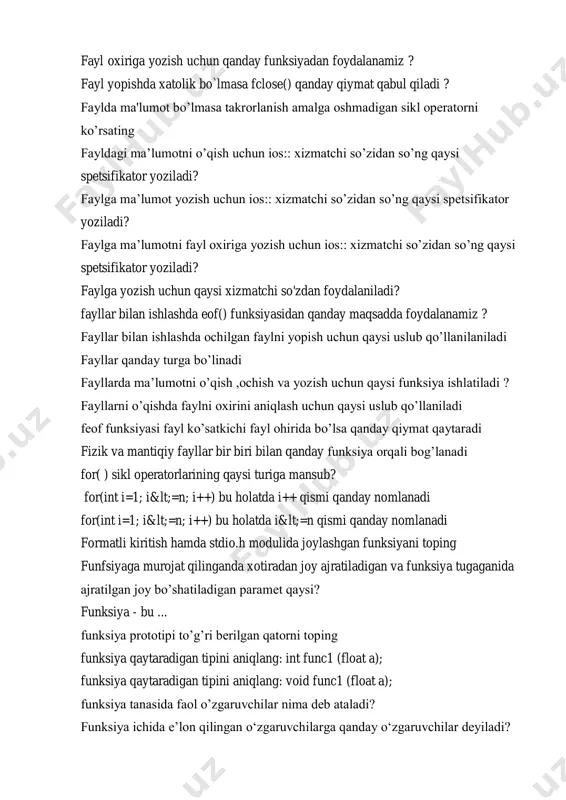 i aniqlang: int func1 (float a); funksiya qaytaradigan tipini aniqlang: void func1 (float a); funksiya tanasida faol o’zgaruvchilar nima deb ataladi? funksiya ichida e’lon qilingan o‘zgaruvchilarga qanday o‘zgaruvchilar deyiladi? funksiya parametrlari bilan biror amal bajarib, yangi parametrlar bilan huddi shunday amal bajariladigan bo’lsa qanday funksiyalardan foydalanamiz? funksiya qiymati qanday qaytariladi? funksiya shablonini yaratishda formal tiplarning har birining oldida qanday xizmatchi so'zi qo'yilishi kerak? funksiyada qiymat qaysi buyruq orqali qaytariladi? funksiyaga kirilganda o’zgaruvchilar avtomatik tarzda yaratilib, funksiyadan chiqishda ular o’chiriladigan hotira sinfi spetsifikatorini ko’rsating funksiyalarni bir-biriga murojaatini xatolarsiz bajarilishini ta’minlashga nima yordam beradi ? funksiyani qaytaruvchi qiymati to’g’ri berilgan qatorni toping? void funksiya(){}; funksiyani qayta yuklanayotgan funksiyalarning qaysi jihati farq qilishi lozim? funskiya qiymat qaytarmasligini ifodalash uchun qaysi xizmatchi so’zidan foydalaniladi? global o‘zgaruvchilarning amal qilish doirasini ko’rsating: ham asosiy programmada ham funksiyada ishlashi mumkin bo’lgan o’zgaruvchilar bu …? har bir algoritm mazmuniga ko'ra bir turdagi masalalarning barchasi uchun ham o'rinli bo'lishi …