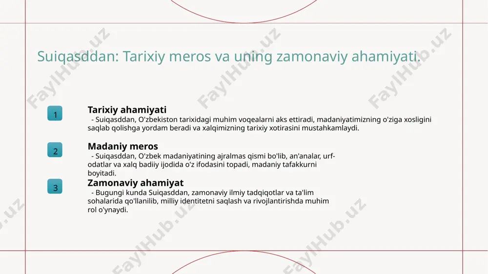 i beradi va ularning rivojlanishini ta'minlaydi. o'zaro ta'sir suiqasddan madaniyati va ilmiy tadqiqotlar o'rtasidagi o'zaro ta'sir, yangi g'oyalar va innovatsiyalarni yaratishga yordam beradi. bu jarayon madaniyatni boyitadi. interdisiplinar yondashuv suiqasddan merosi turli fanlar, masalan, tarix, san'at, va antropologiya orqali o'rganilib, interdisiplinar yondashuvni talab qiladi. bu yanada kengroq tushuncha beradi. madaniy tadqiqotlar suiqasddan merosini o'rganish, madaniy tadqiqotlar orqali muhim merosiy elementlarni aniqlash va saqlashda katta ahamiyatga ega. bu, kelajak avlodlarga ta'sir qiladi. suiqasddan merosi: zamonaviy ilmiy tahlillar va ularning natijalari. 1 suiqasddan: merosiy tahlil suiqasddan merosi, o'zbek tarixida chuqur ildizlarga ega bo'lib, madaniyat va san'atga ta'sir ko'rsatadi. zamonaviy tahlillar merosni qayta baholashga yordam beradi. 2 zamonaviy qiyoslar bugungi kunda suiqasddan merosini o'rganish uchun zamonaviy ilmiy metodlar qo'llanilmoqda. bu metodlar, madaniyatning turli jihatlarini yoritadi va ta'sirini aniqlaydi. 3 o'zgarishlar va natijalar suiqasddan merosi bo'yicha o'tkazilgan ilmiy tadqiqotlar, an'anaviy qiyoslarni zamonaviy kontekstda yangilashga yordam beradi va natijada yangi tushunchalar shakllanadi. suiqasddan va uning …