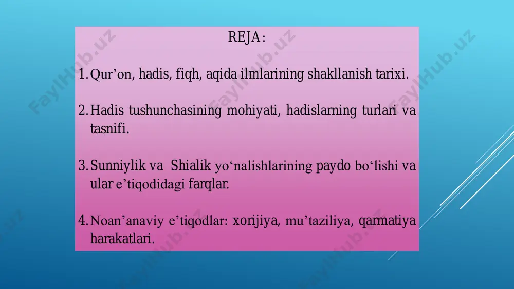 iga ko’ra, fiqh – shariatning amaliy hukmlarini asosiy manbalaridan chiqarib olishdir. fiqh sohalari (furu’ al-fiqh) shariatni tayin sohalarga tatbiq qilish (usul al-fiqh) shariat manbalarini ishlab chiqish uchinchidan, o’zlashtirilgan ushbu ilmni amalga tatbiq etishdir. fiqhning uch tamoni bor: birinchidan, shariat hukmlarini o’rganish; ikkinchidan, qo’lga kiritilgan bilimni o’zlashtirish, ya’ni shariatning barcha usul va qoidalarini har birining sabablari va qaysi maqsad uchun ishlab chiqilganligini tushunish; “aqida” so‘zi “tugib qo‘yish”, “bir narsani ikkinchisiga mahkam bog‘lash” ma’nosidagi “aqd” o‘zagidan yasalgan.aqida aqida ilmining asosiy maqsadi – bandani ikki dunyo saodatiga erishtirish. payg‘ambarimiz (s.a.v) yetkazgan barcha narsalarning rostligini tasdiqlab, ko‘ngil bog‘lab ishonilishi lozim narsalar “aqida” deyiladi. dinga bo‘lgan ishonchni mustahkamlash. diniy aqidalarni qat’iy dalillar bilan isbotlash, to‘g‘ri yo‘lni izlovchilarga ochiq-oydin haqni bayon etish. din asoslarini botil ahlining shubhalaridan saqlash. aqida ilmining maqsadlari hadis (arabcha: xabar, gap, yangilik. hadis matn isnod hadis hadis 2 turga bo’linadi: 1) hadisi qudsiy (ma’nosi alloh taoloniki, aytilishi ) rasululloh (s.a.v) tomonidan bo‘lgan …