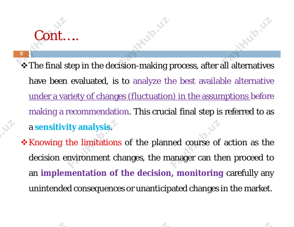 ….. 24 3) decision-making under conditions of risk in this situation, the manager knows  what the problem is;  what the alternative are; but doesn’t know how each alternative will work out even though s/he knows the odds (probabilities) of possible outcomes. the probability of occurrence for each state of nature is known. note that because the states are mutually exclusive and collectively exhaustive, these probabilities must add to 1.00. cont….. 25 a widely used approach under such circumstances is the expected monetary value criterion. the expected value is computed for each alternative, and the one with the highest expected value is selected. the expected value is the sum of the pay-offs for an alternative where each pay-off is weighted by the probability for the relevant state of nature. cont….. 26 example: determine the expected pay-off of each alternative, and choose the alternative that has the best-expected pay-off. using …