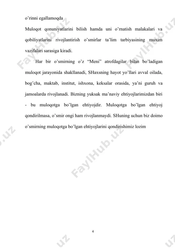 iy g’ururni singdirish mumkin. milliy g’oyani shakllantirish uchun quyidagi usullardan foydalanish ijobiy natija beradi: 1. madhiyani maromiga yetkazib ijro etishga e’tibor berish; 2. bayrog’imiz oldida unga ta’zim qilishga o’rgatish; 3. “biz vatan farzandimiz” mavzusida ko’rik-tanlovlar o’tkazish; 4. jamiyatning faol kishilari bilan uchrashuvlar tashkil qilish; 5. muzeylarga sayohat uyushtirish kabilar. (/oziev e. / muomala psixologiyasi. t.2001. o’zmu.7-b). o’zbek tiliga davlat maqomi berilganidan keyin birmuncha ijobiy o’zgarishlar yuz berdi, ularning bir qismi milliy istiqloldan so’ng amalga oshirildi. mamlakatimizdagi davlat hujjatlari ona tilida rasmiylashtirilmoqda, yig’ilishdagi ma’ruzalar o’zbek tilida qilinmoqda. ijtimoiy hayotdagi katta yutuqlar bilan bir qatorda, shaxslararo munosabatlarda til odobi, nutq madaniyatida buzilishlar davom etmoqda, o’zbek tilining mo’saffoligi, aniq va lo’ndaligi, mantiqiyligi, ohangdorligi va silliqligi muloqotda o’z ifodasini topa olmayapti, natijada uzatilayotgan fikrlarni idrok qilish qiyinlashmoqda. muloqot psixologiyasining asosiy maqsadi, avvalo nutq madaniyatini yoshlarda shakllantirishdir. shuningdek, o’qitish jarayonida bo’lajak mutaxassislarga muloqot madaniyati, muomala sirlarini singdirish, guruh va jamoalarda o’zaro munosabatlarni muloqot orqali yaxshilashdir. …