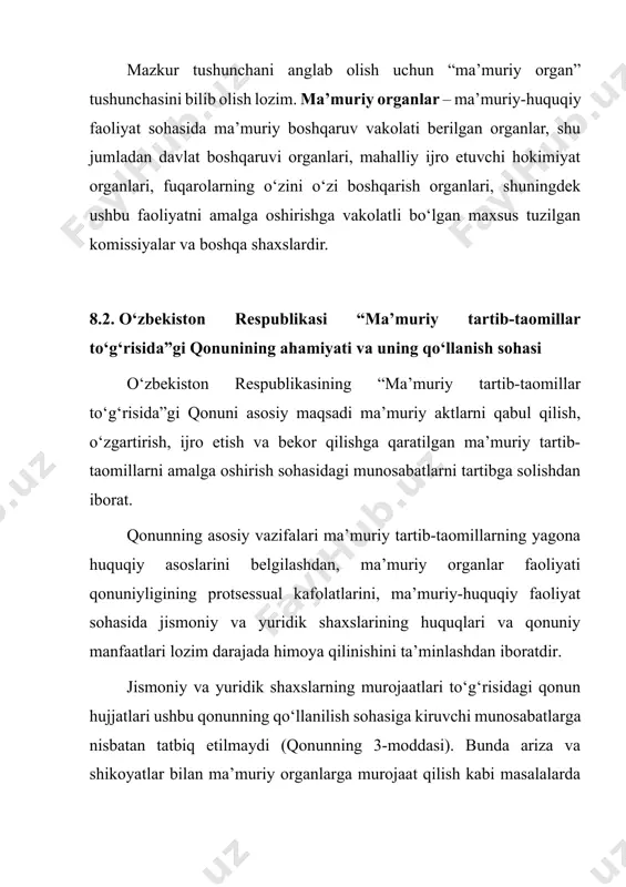ati va uning qo‘llanish sohasi o‘zbekiston respublikasining “ma’muriy tartib-taomillar to‘g‘risida”gi qonuni asosiy maqsadi ma’muriy aktlarni qabul qilish, o‘zgartirish, ijro etish va bekor qilishga qaratilgan ma’muriy tartib-taomillarni amalga oshirish sohasidagi munosabatlarni tartibga solishdan iborat. qonunning asosiy vazifalari ma’muriy tartib-taomillarning yagona huquqiy asoslarini belgilashdan, ma’muriy organlar faoliyati qonuniyligining protsessual kafolatlarini, ma’muriy-huquqiy faoliyat sohasida jismoniy va yuridik shaxslarining huquqlari va qonuniy manfaatlari lozim darajada himoya qilinishini ta’minlashdan iboratdir. jismoniy va yuridik shaxslarning murojaatlari to‘g‘risidagi qonun hujjatlari ushbu qonunning qo‘llanilish sohasiga kiruvchi munosabatlarga nisbatan tatbiq etilmaydi (qonunning 3-moddasi). bunda ariza va shikoyatlar bilan ma’muriy organlarga murojaat qilish kabi masalalarda ma’muriy tartib-taomillar to‘g‘risidagi qoidalarning tatbiq etilishini ta’kidlash joiz bo‘ladi. ma’muriy tartib-taomillar ma’muriy organlar uchun majburiy bo‘lgan ish yurituvning hamma ma’muriy organlar tomonidan bajarilishi majburiy bo‘lgan yagona va umumiy qoidalarini o‘rnatish barobarida ma’muriy organlar tomonidan asosiz ravishda protseduraviy qoidalarni buzish orqali manfaatdor shaxslarning huquq va erkinliklari, qonuniy manfaatlariga daxl qilinishining oldini oladi. shu ma’noda, ma’muriy organlarning …