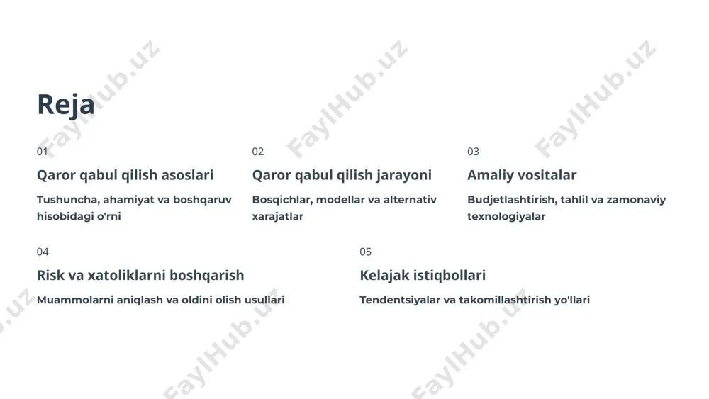 yaxshi variantni tanlash amalga oshirish rejani bajarish nazorat natijalarni baholash qaror qabul qilish jarayoni — bu ketma-ket va mantiqiy bosqichlardan iborat tizim bo'lib, har bir bosqich keyingi bosqichning sifatli amalga oshirilishiga asos yaratadi. 5 boshqaruv hisobining roli qaror qabul qilishda axborot ta'minoti boshqaruv hisobi rahbariyatni foydali, aniq va o'z vaqtida kerakli bo'lgan ichki axborot bilan ta'minlaydi. bu ma'lumotlar qarorlarning asosiy omili hisoblanadi. xarajatlar va daromadlar tahlili har bir mahsulot, xizmat yoki bo'limning rentabelligini aniqlash imkonini beradi. xarajatlarning tuzilishi va dinamikasini o'rganish orqali tejash imkoniyatlarini topish. resurslarni samarali taqsimlash cheklangan resurslarni eng yaxshi natija beradigan yo'nalishlarga yo'naltirish uchun zarur ma'lumotlarni taqdim etadi va investitsion qarorlarni asoslaydi. 6 qaror qabul qilish modellari rasionallik modeli barcha mavjud ma'lumotlar va alternativalarni to'liq tahlil qilish asosida eng optimal qarorni tanlash. bu model ideal sharoitda qo'llaniladi. to'liq axborot mavjudligi barcha alternativalarni baholash maksimal foyda olish maqsadi cheklangan rasionallik real sharoitda ma'lumotlar cheklangan va vaqt kam bo'lganda …