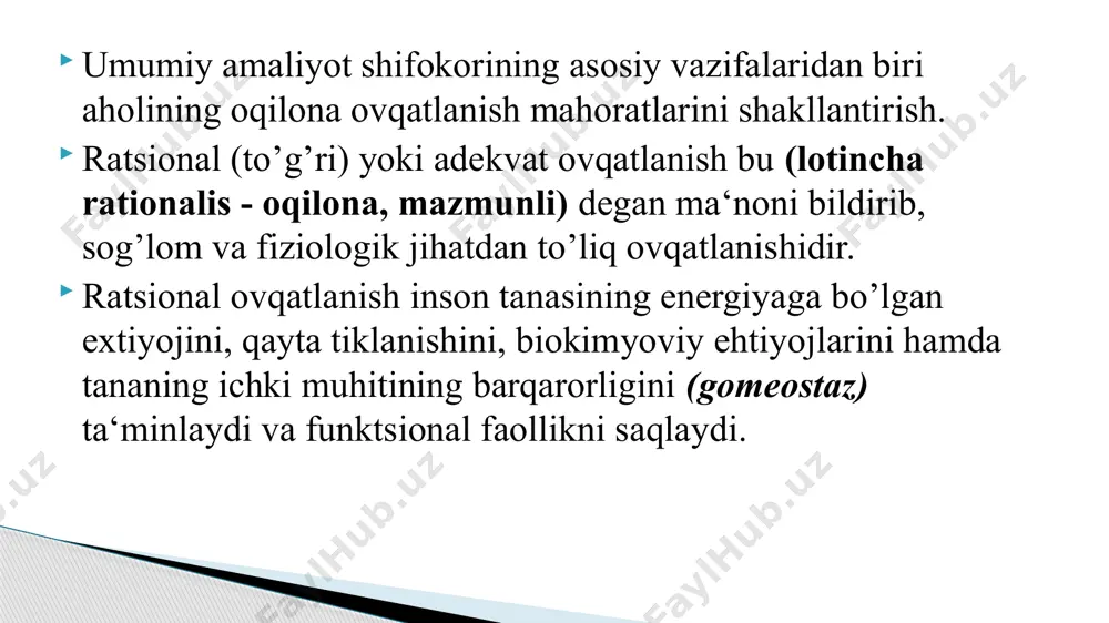 g energetik qiymatini inobatga olib, mahsulotlar kursatilgan taomnoma tuziladi 3.olingan ma’lumotlar ovqatlanishning fiziologik meyorlari bilan takkoslanadi • ovqatlanishdagi milliy urf-odatlar, yilning fasli va b.k.ni hisobga olib, ovqatlanish tartibi bo‘yicha ovqat mahsulotlarining oqilona taqsimlanganligi haqida fikr yuritish uchun 1-3 kun ichidagi amaldagi ovqatlanish sifatini tahlil qilish mumkin. buning uchun quyidagi shaklda tomnoma tuziladi. ratsional ovqatlanishning asosiy tamoyillarini bilish shifokorga bemorning ovqatlanish holatini baholashga, to’yib ovqatlanmaslik bilan bog’liq kasalliklarning belgilarini aniqlashga, ovqatlanishni, ilmiy asoslangan dietani ya‘ni parhezni tuzatish bo’yicha tavsiyalar ishlab chiqishga imkon beradi. ovqatlanish adekvatligini o’rganishning ikki guruhi mavjud: ijtimoiy-iqtisodiy; ijtimoiy-gigiyenik. ijtimoiy-iqtisodiy usullarga respublika, viloyatlar, shaharlar darajasida oziq- ovqat siyosatini tahlil qilish va rejalashtirishda qo’llanadigan balans va budjet usullari kiradi. balans usuli aholi jon boshiga o’rtacha oziq-ovqat iste‘molini hisoblash imkonini beradi. budjet tadqiqotlari usuli aholining turli ijtimoiy- iqtisodiy va hududiy guruhlarida oziq-ovqat iste‘moli tarkibini o’rganishni nazarda tutadi. oziqlanishni individual (yakka) va guruh darajasida baholash uchun ijtimoiy-gigiyena usullari qo’llaniladi. uyushtirilgan ovqatlanishni o’rganishda …