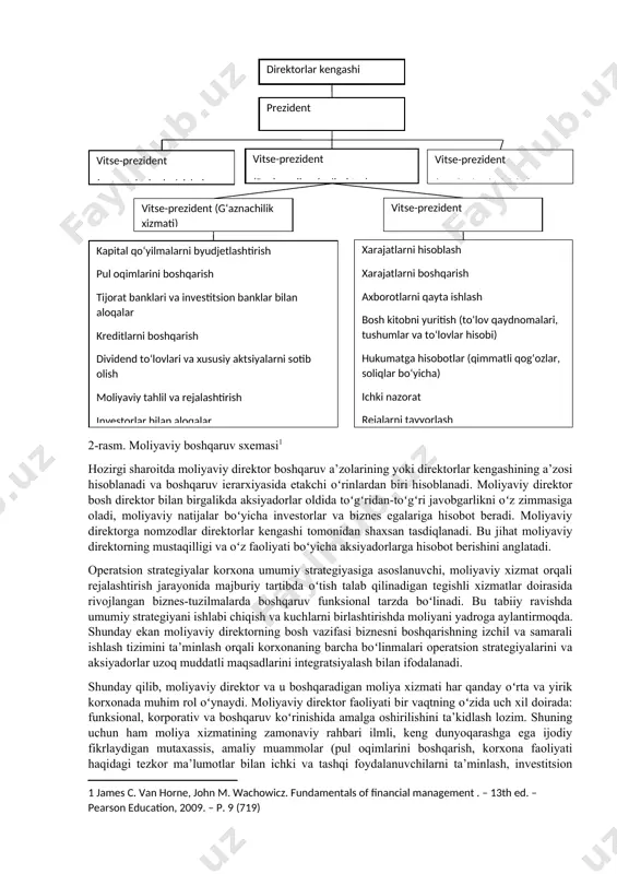 ardagi oʻrta va yirik korxonalarda moliyaviy direktor yoki moliyaviy masalalar boʻyicha kompaniya vitse-prezidenti tomonidan boshqariladigan maxsus xizmat (moliya departamenti yoki boshqarmasi)ni tashkil etish odatga aylangan. mazkur xizmat oʻz tarkibiga bir nechta tegishli boʻlinmalarni qamrab oladi. bunday kompaniyalarda maxsus moliya xizmatining namunaviy tuzilmasi quyidagi rasmda keltirilgan (1-rasm). moliyaviy direktor g’aznachilik xizmati investitsiyalar pul mablagʻlarini boshqarish moliyalashtirish dividend siyosati tahlil va rejalashtirish sugʻurta risklarni boshqarish ichki nazorat xizmati buxgalteriya hisobi boshqaruv hisobi ichki audit hisobotlarni tayyorlash moliyaviy nazorat xarajatlarni boshqarish soliqlar 1-rasm. moliyaviy menejmentning tashkiliy tuzilmasi korxonaning ichki gʻaznachilik xizmati quyidagi funksional boʻlinmalarga ajratilishi mumkin: - naqd pul va qisqa muddatli qoʻyilmalarni boshqarish boʻlimi; - moliyaviy tahlil va rejalashtirish boʻlimi; - moliyaviy resurslarni jalb qilish boʻlimi; - investitsiyalarni boshqarish boʻlimi; - risklarni boshqarish boʻlimi va boshqalar. ichki nazorat xizmati esa bevosita quyidagilarni oʻz ichiga oladi: - moliyaviy hisob va soliqqa tortish boʻlimi; - boshqaruv hisobi boʻlimi; - moliyaviy nazorat boʻlimi va boshqalar. …