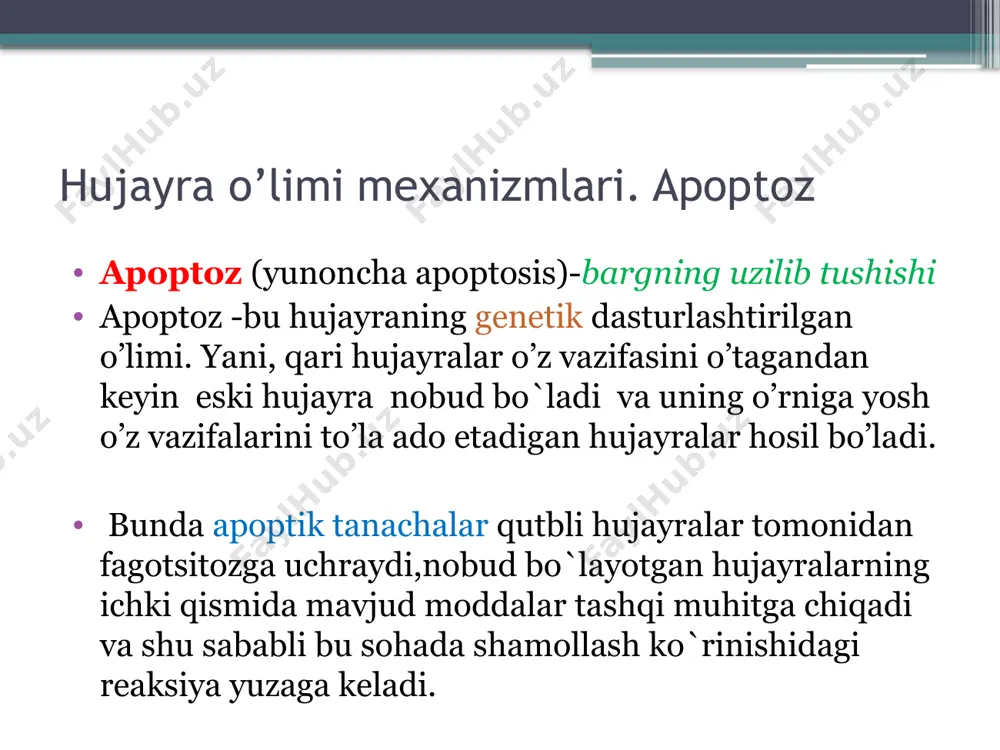ptozning real hayotdagi ko`rinishi apoptoz apoptoz yo'llarining ikkita asosiy turi mavjud 1."ichki yo'llar" bo'lib, hujayra dnkning shikastlanishini aniqlash tufayli o'z genlari yoki oqsillaridan biridan o'zini yo'q qilish uchun signal oladi; 2."tashqi yo'llar", bunda hujayra organizmdagi boshqa hujayralardan apoptozni boshlash uchun signal oladi. apoptoz-bu hujayraning “o`z joniga qasd qilishidir” apoptozning biologik ahamiyati: embriogenez jarayonida menapauza davrida folikulalar adgeziyasida laktatsiya davri tugagandan keyin sut bezi regretsiyasida immun tizimi xujayralarining degradatsiyasi gepatitda {toksik yoki virusli gepatitda jigarda asidofil kaunsilmen tanachalarining hosil bo`lishi shu jumladandir} tibbiyotda apoptoz: apoptozni manipulyatsiya qilish - bu olimlar bir qator og'ir tibbiy muammolarni hal qilishlari mumkin bo'lgan yo'llardan biridir. saraton g'ayritabiiy o'simta hujayralarining omon qolishiga imkon berish uchun apoptozni bostirishni talab qiladi. xuddi shunday, apoptozni yo'q qilish uchun infektsiyalangan hujayralarni nishonga olish, infektsiyani yuqtirgan hujayralarni yo'q qilish orqali saraton hujayralari apoptozning fiziologik rolini taqlid qiladi. apoptozni inhibe qilish yurak va asab to'qimalarida ishemiya epizodlari natijasida kelib chiqadigan zararni keskin …